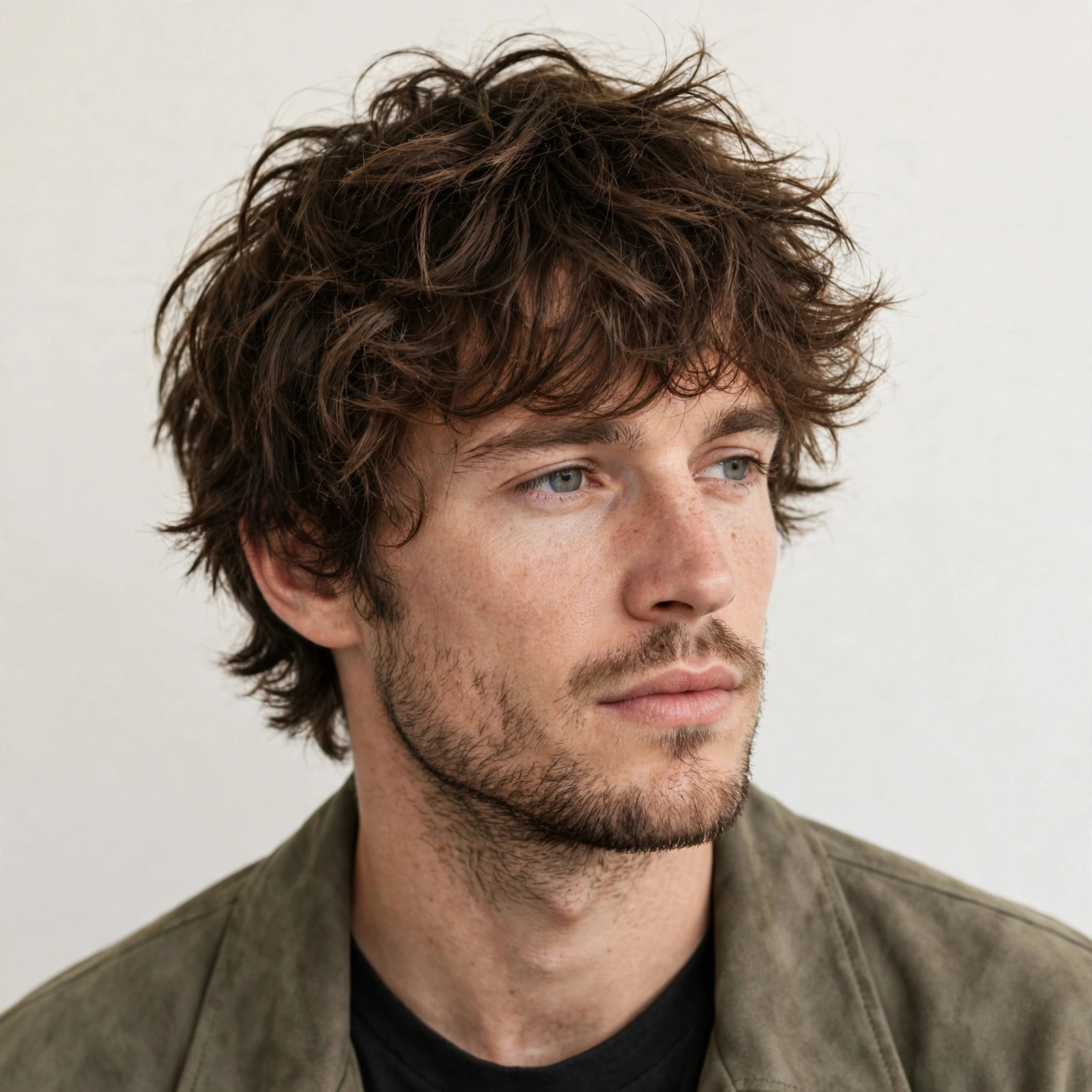 male model with messy mop shag, tousled voluminous layered hair, casual photography