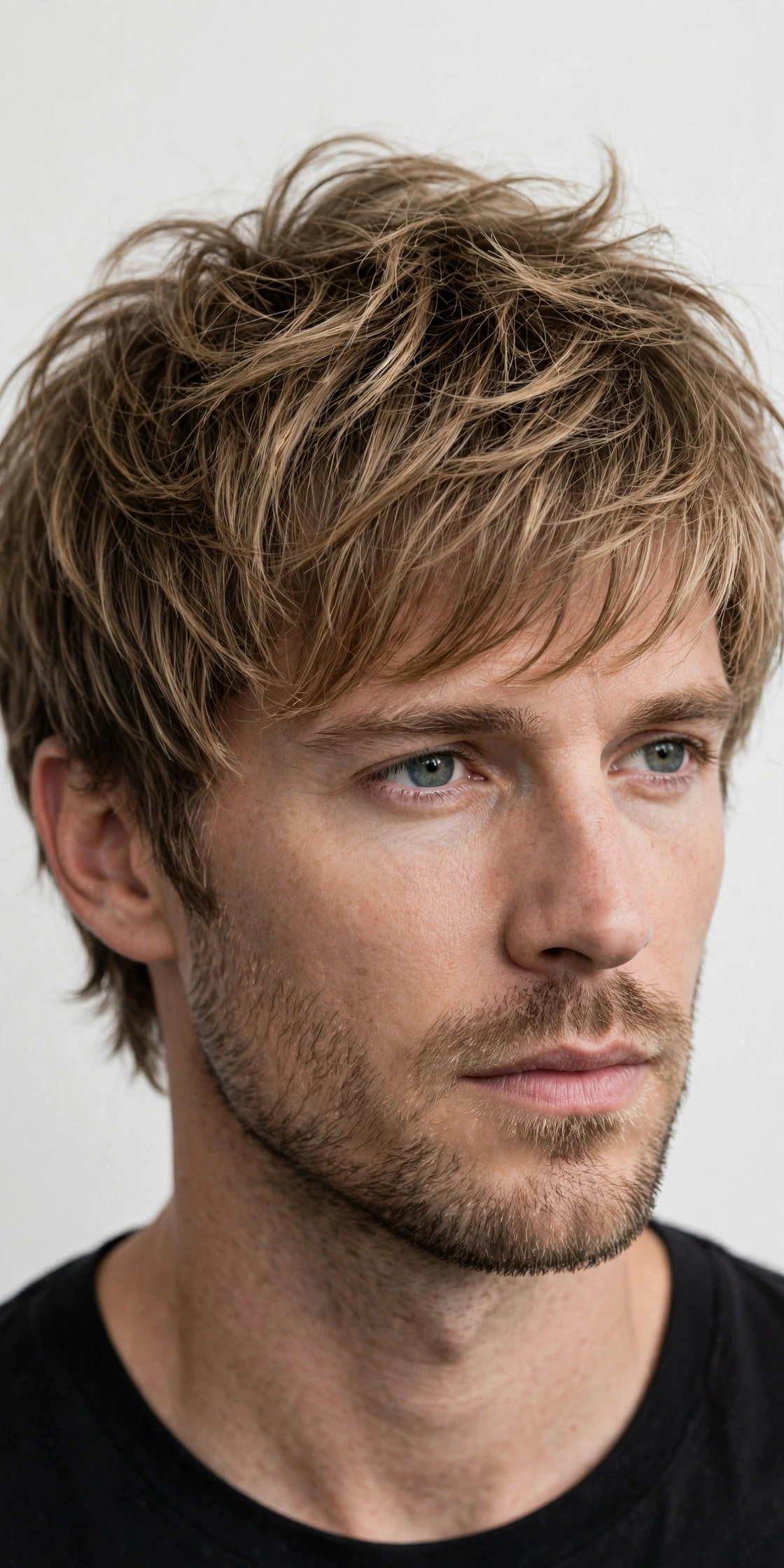 male model with fine hair in modern shag cut, layered volume on thin hair