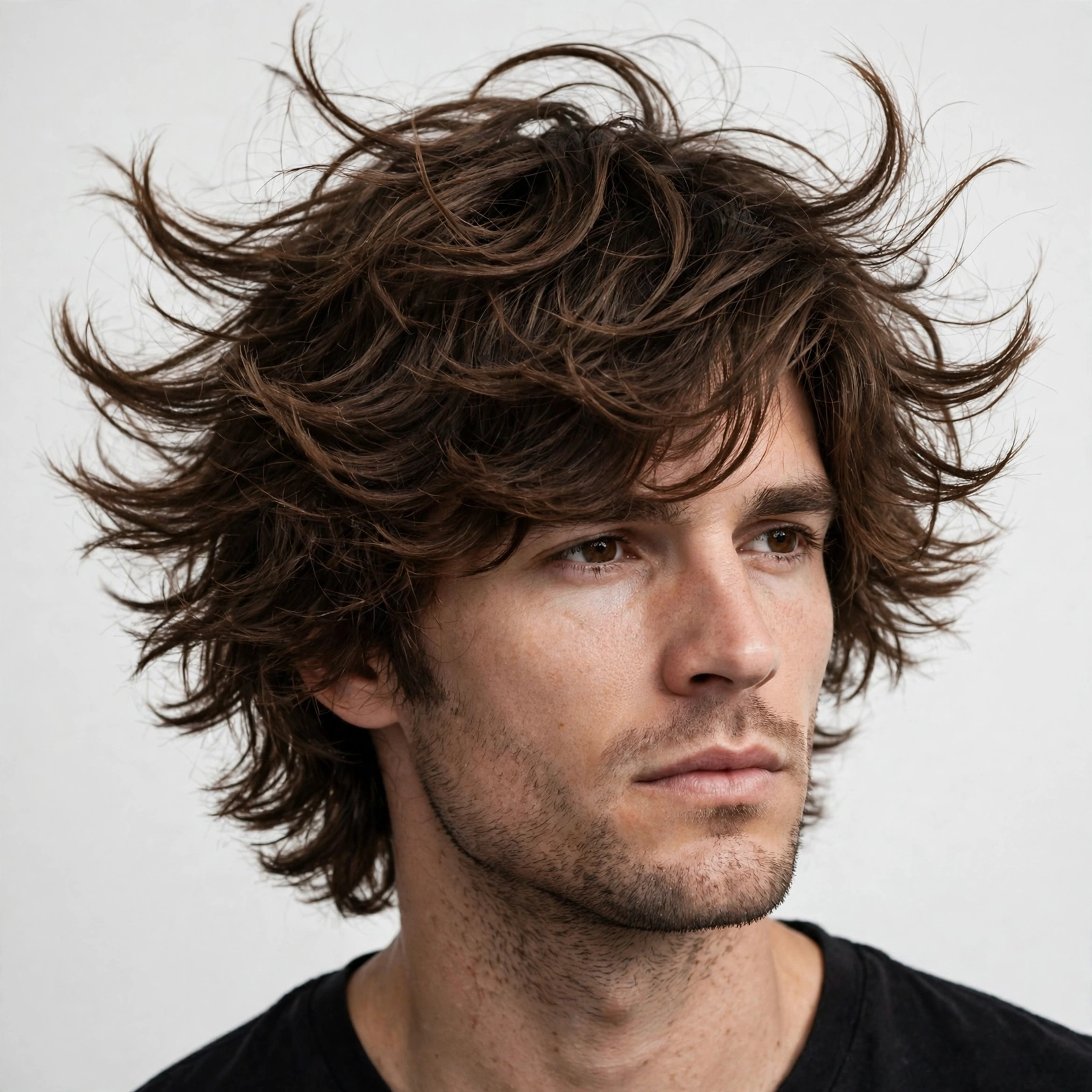 male model with thick hair in modern shag cut, layered texture managing volume