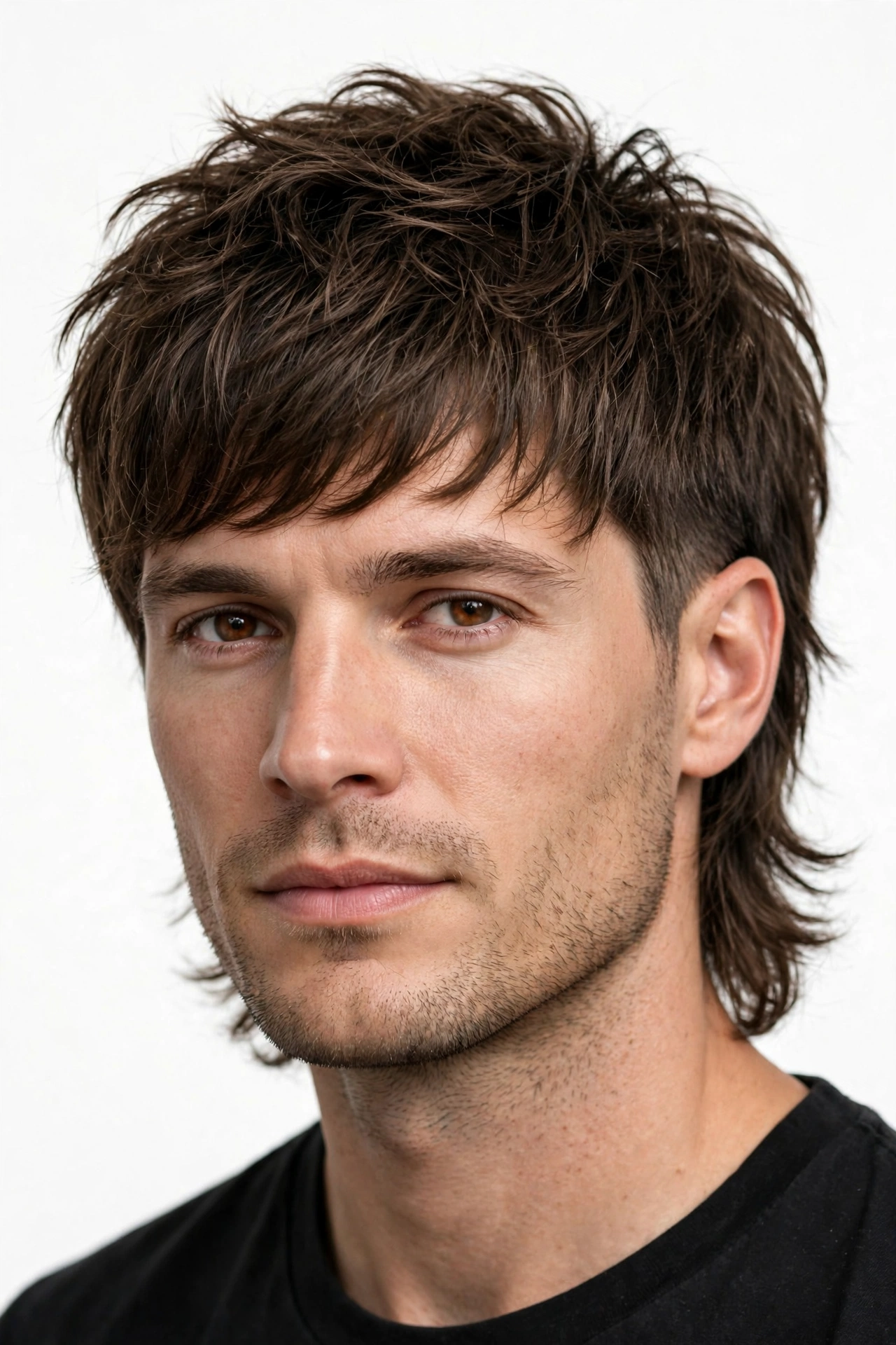 male model with shaggy mullet blend haircut, modern mullet with layered shag top