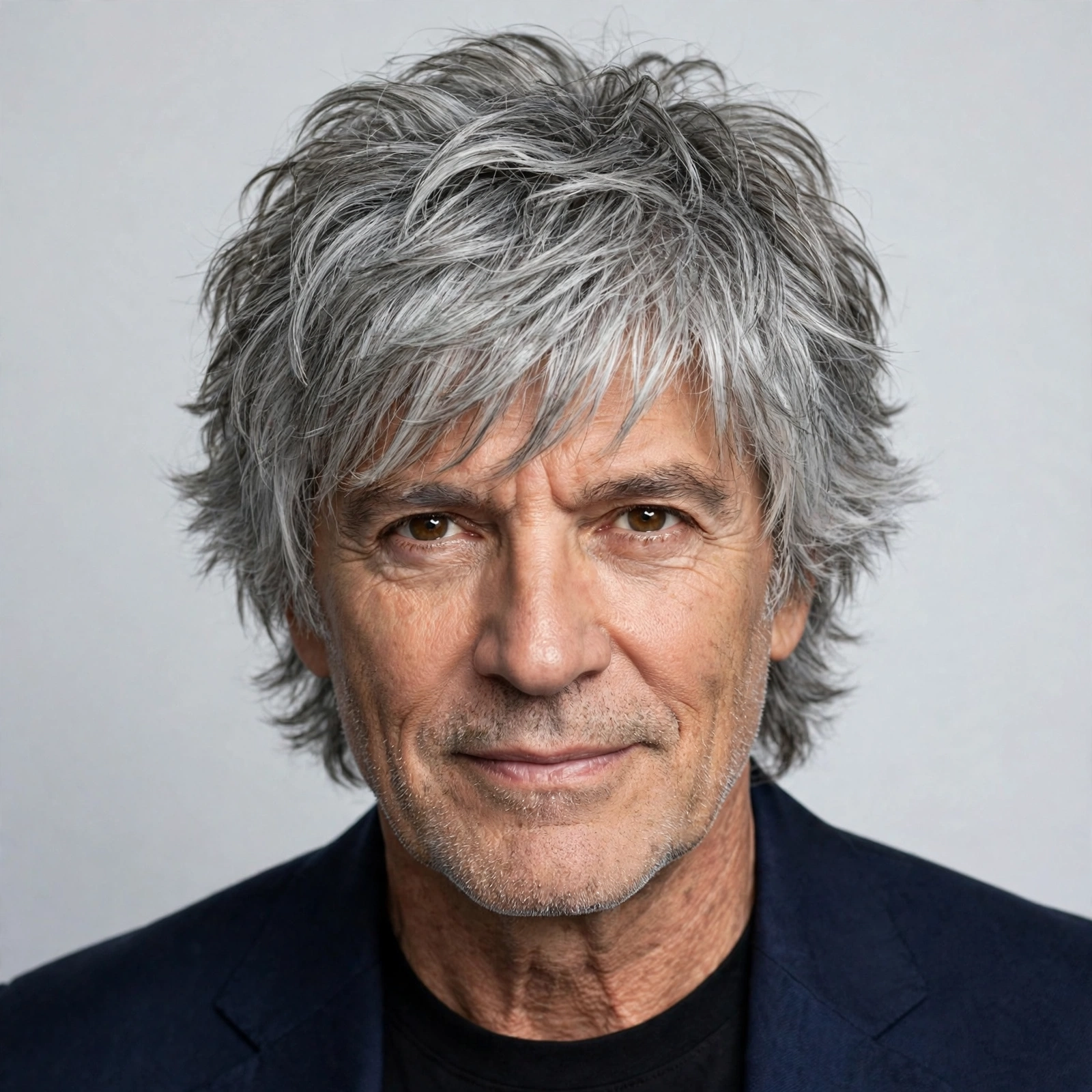 older male model with silver grey shag haircut, distinguished layered style
