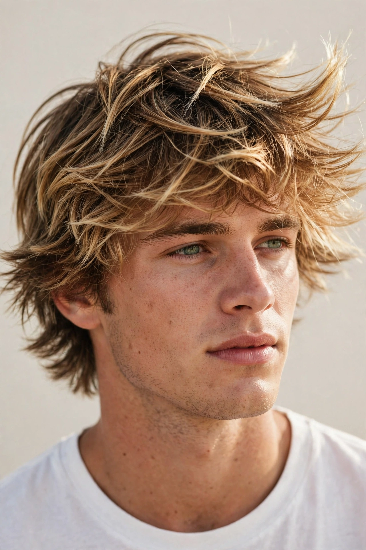 male model with surfer shag haircut, sun-kissed tousled layered beach hair
