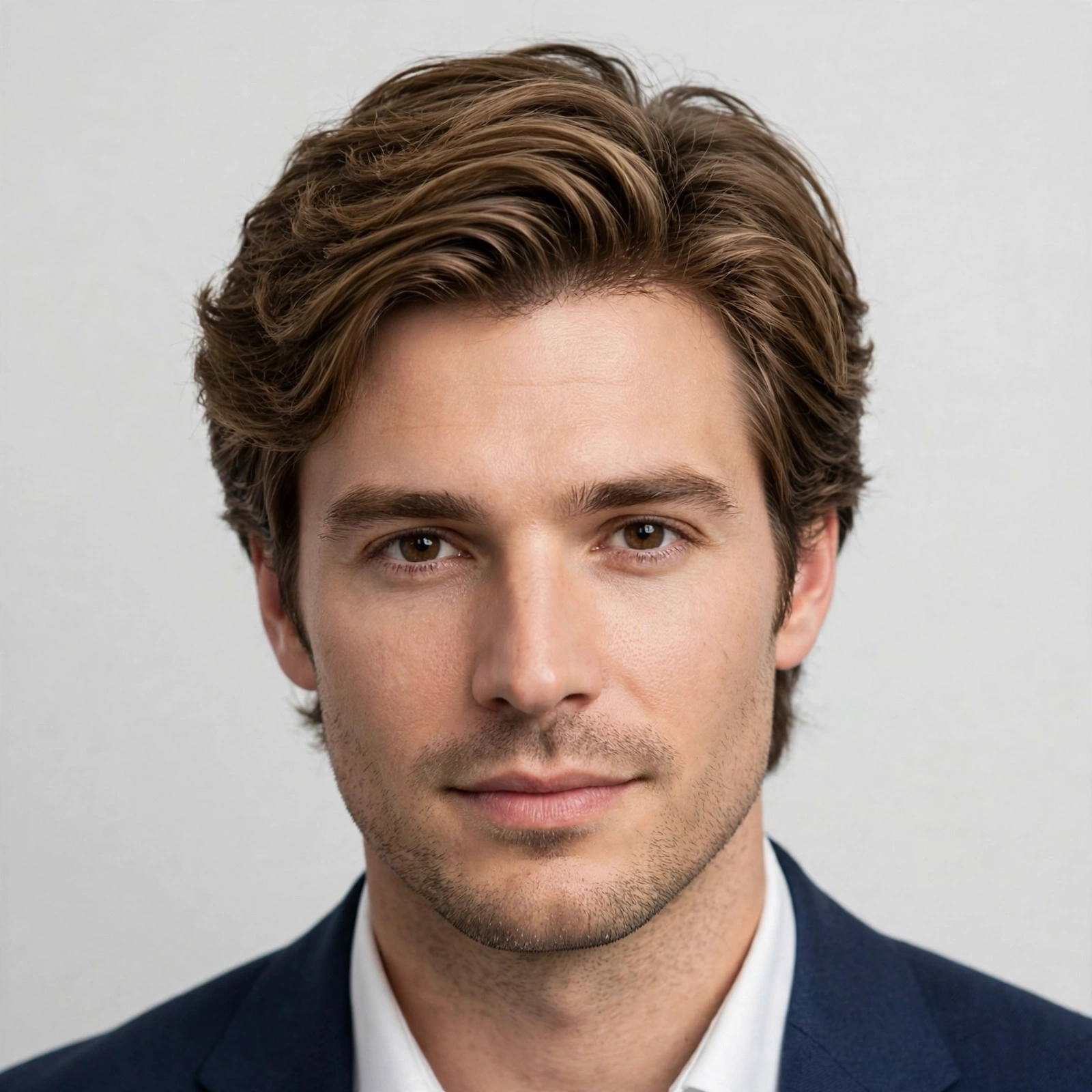 male model with polished office shag haircut, neat layered professional style