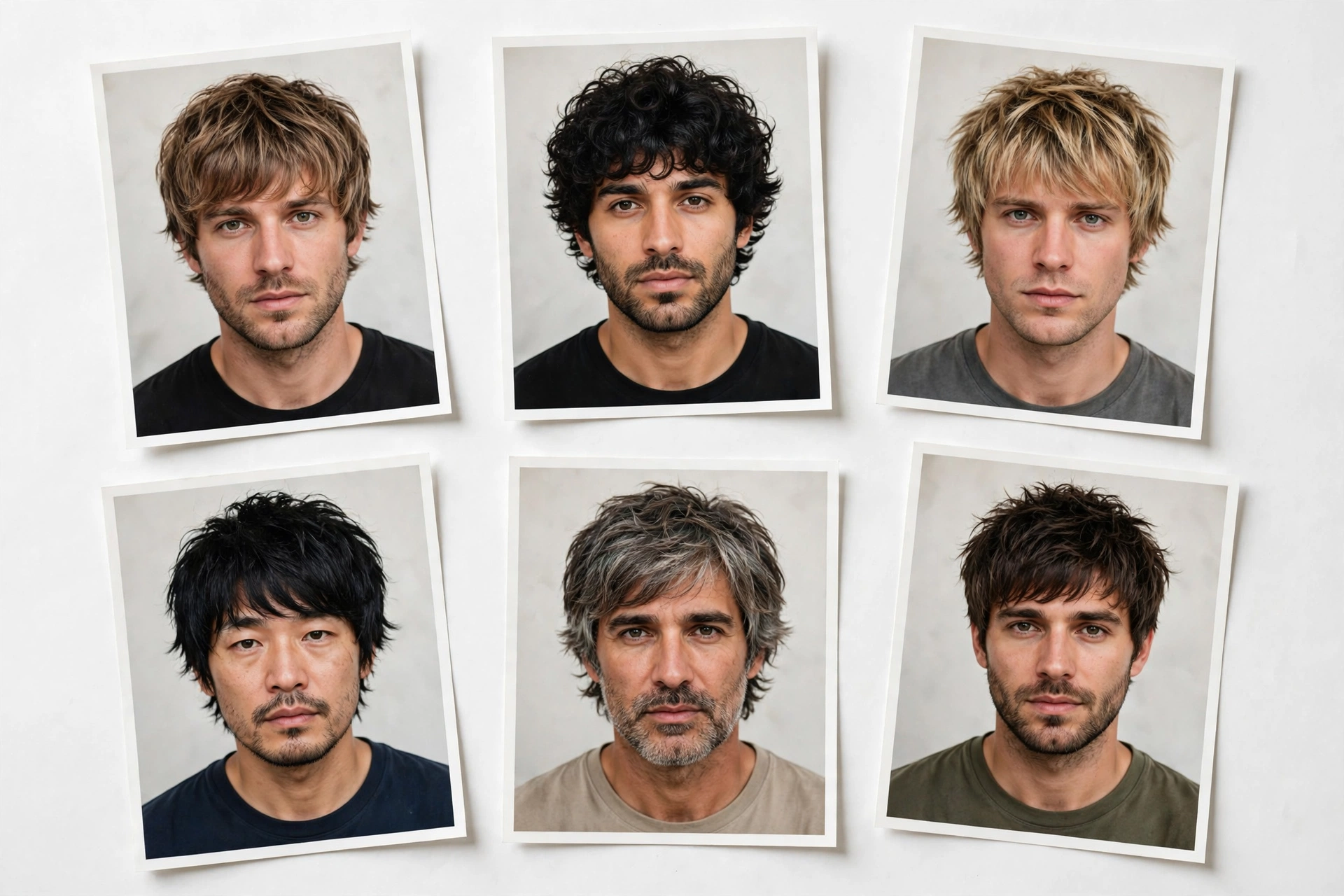 collage-style arrangement showing modern shag haircut variations on different men
