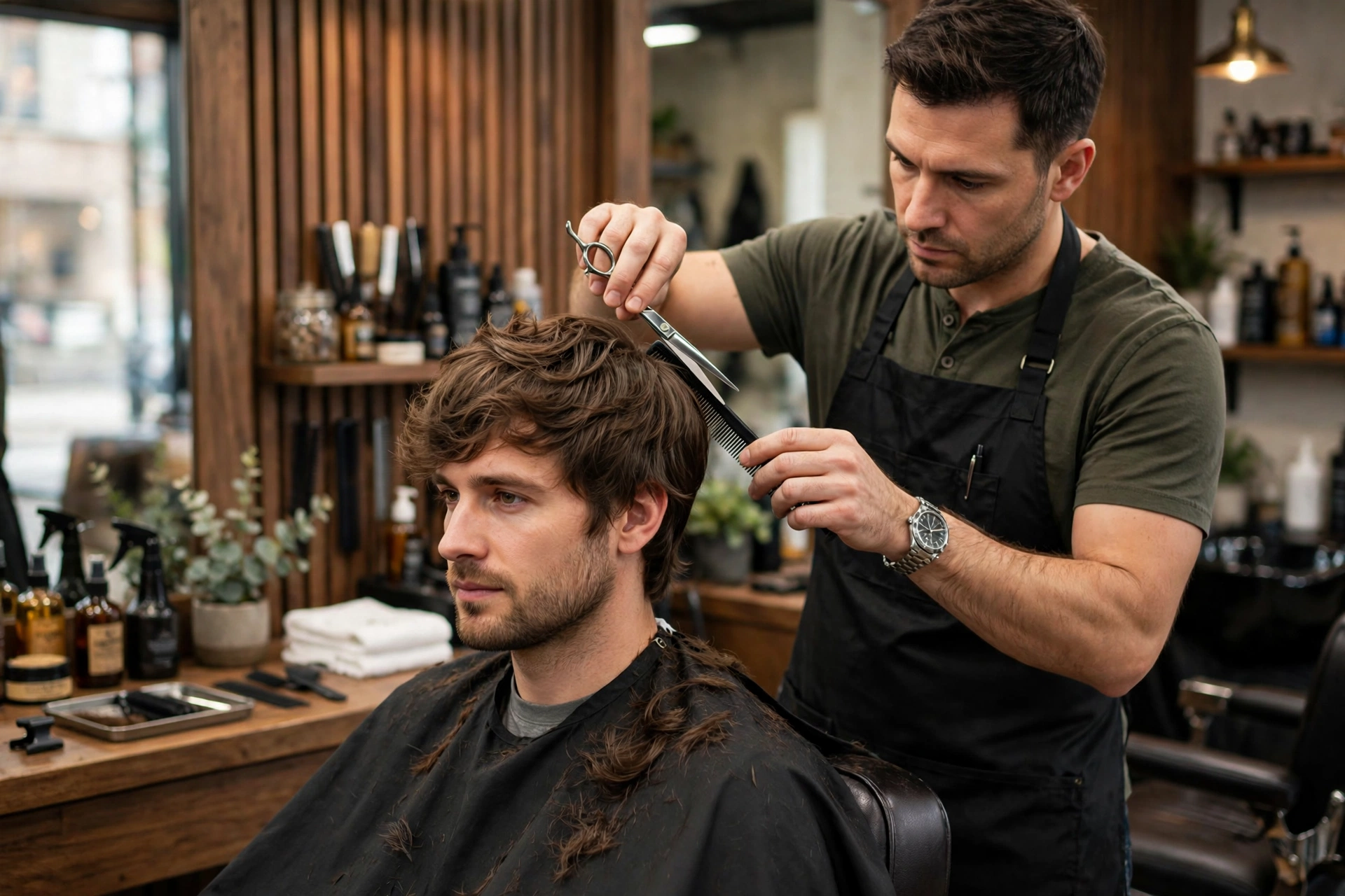 barber trimming modern shag haircut with scissors, layered maintenance trim