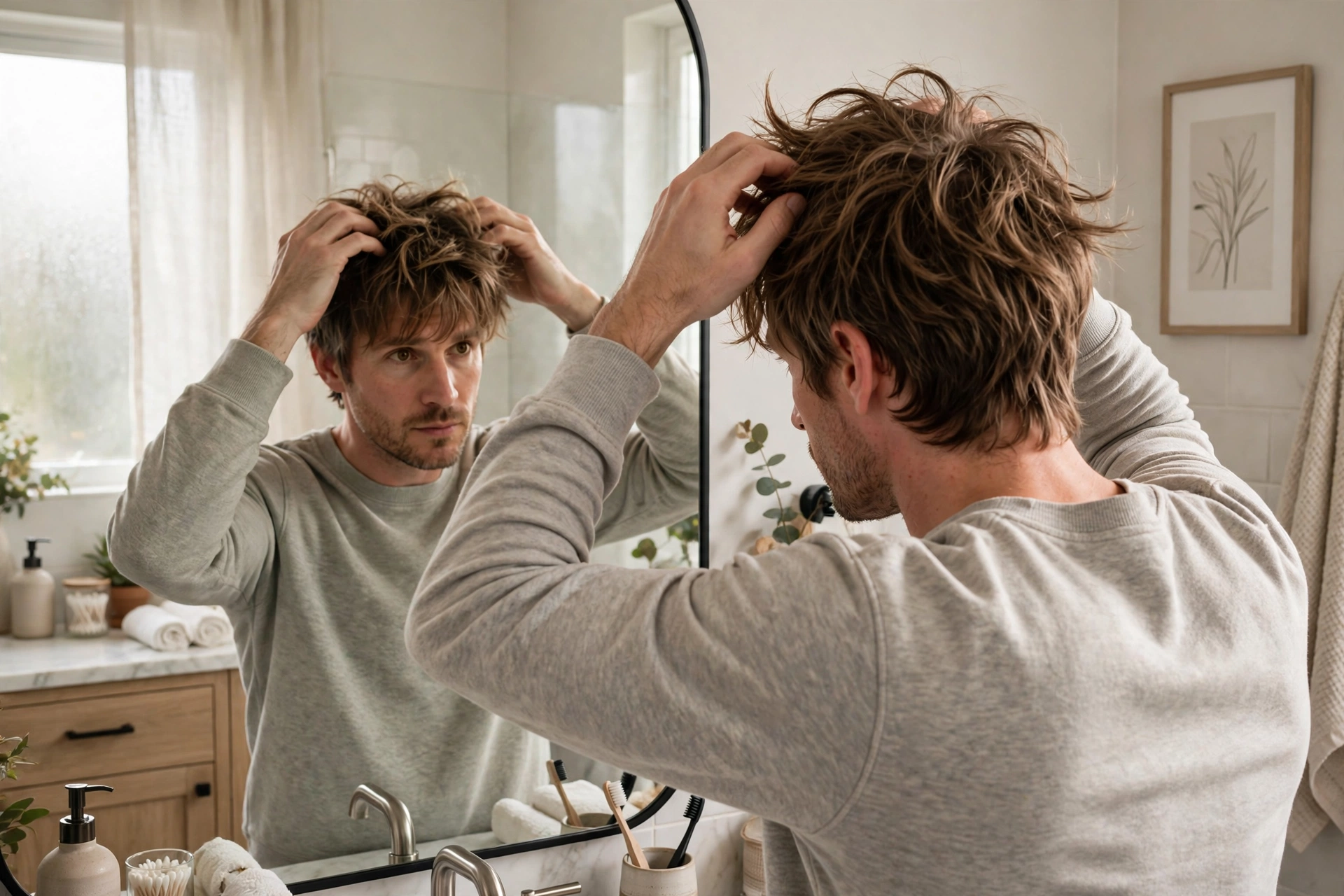 man styling modern shag haircut at home, hands working texture into layered hair
