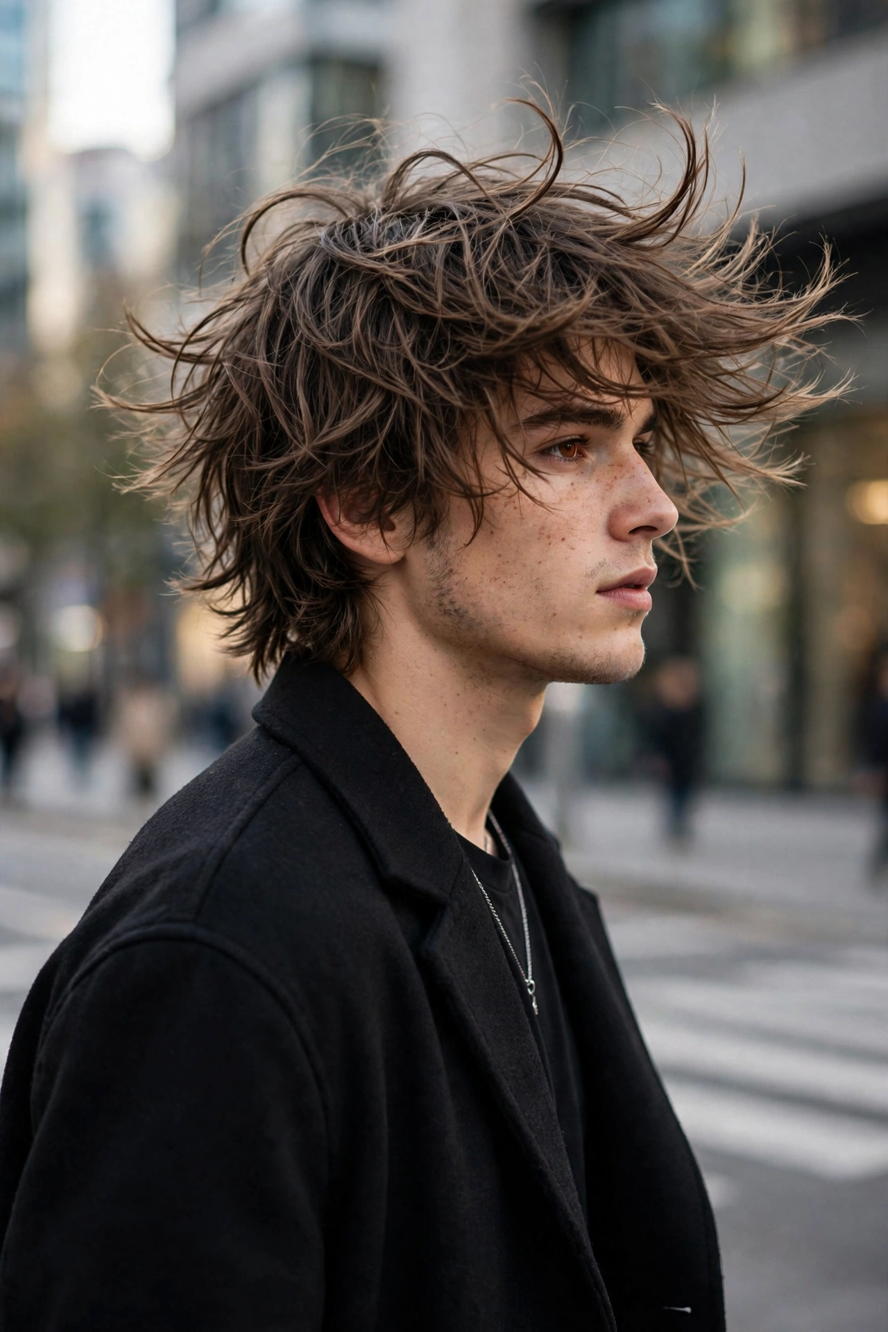 street style photo of young men with modern shag haircuts, urban 2026 fashion