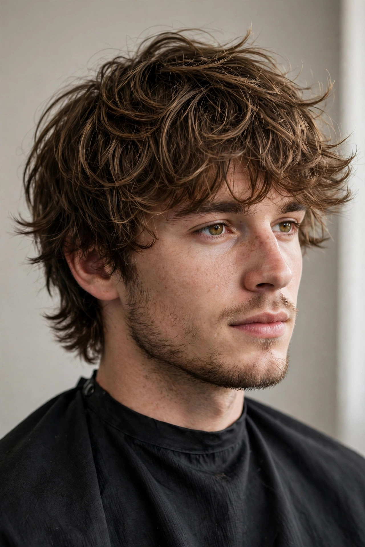 male model with modern shag haircut, layered textured medium-length hair, premium barbershop portrait