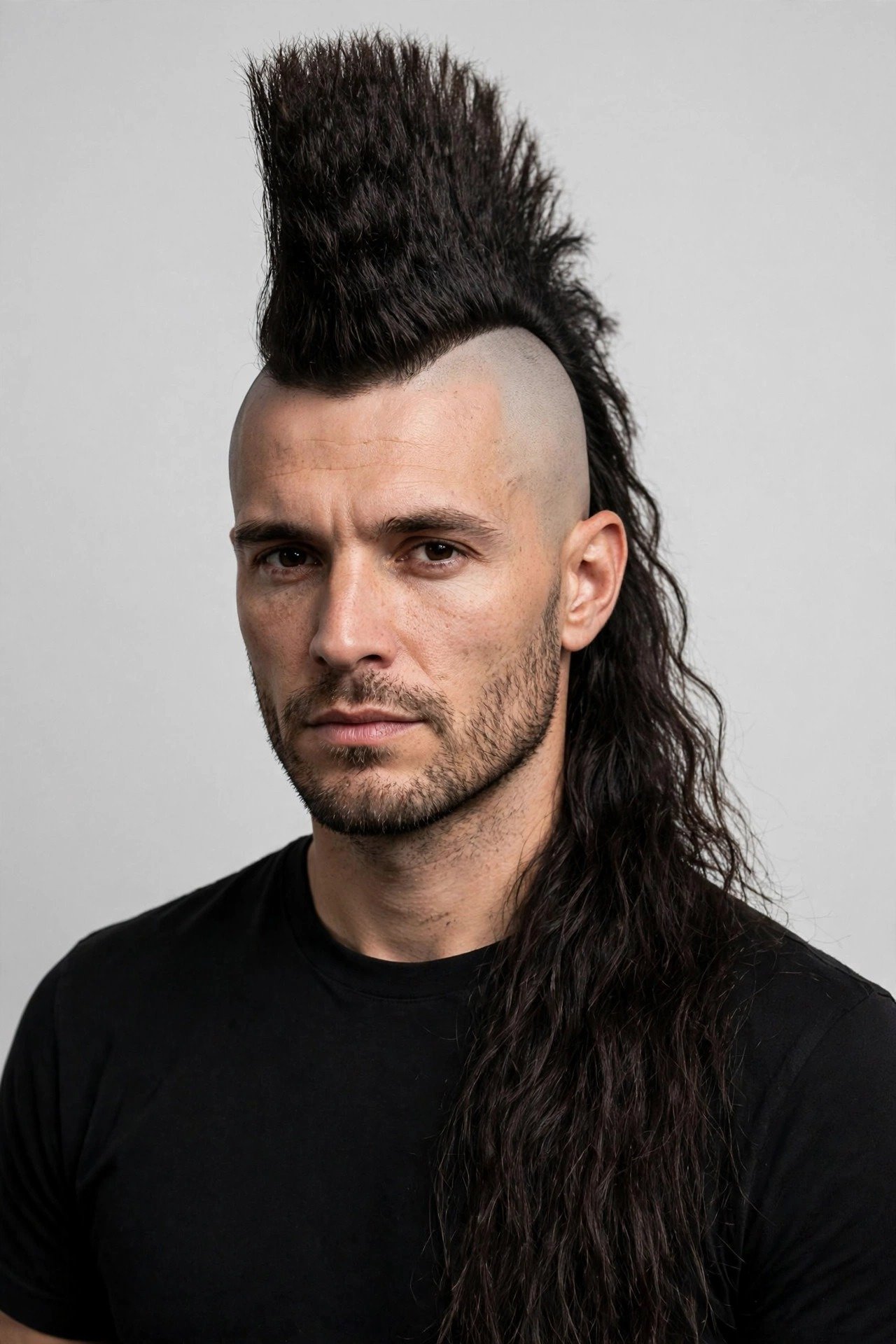 Long mohawk haircut on a man with dramatic length worn down the back
