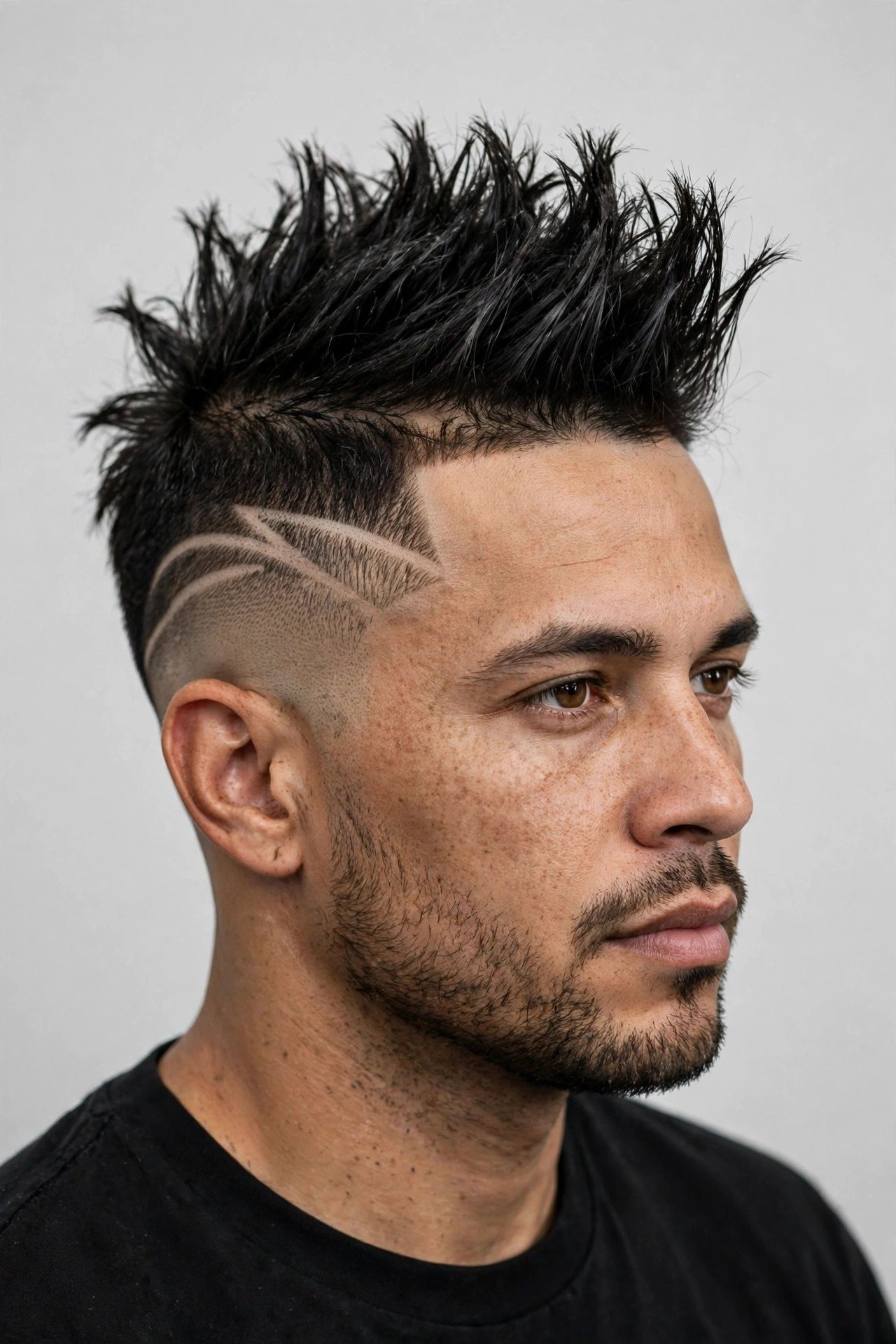 Tapered mohawk haircut with subtle taper sides and shaved hair design pattern on the side