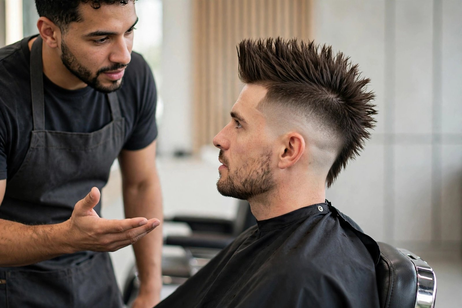 Barber consulting with client about mohawk haircut options in a barbershop