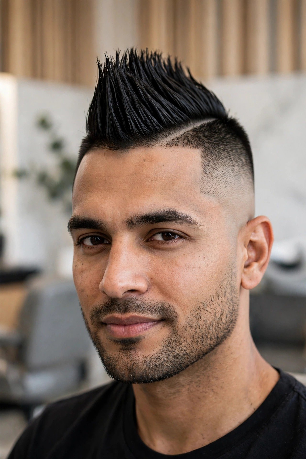 Confident man with a sharp modern mohawk fade haircut in a barbershop