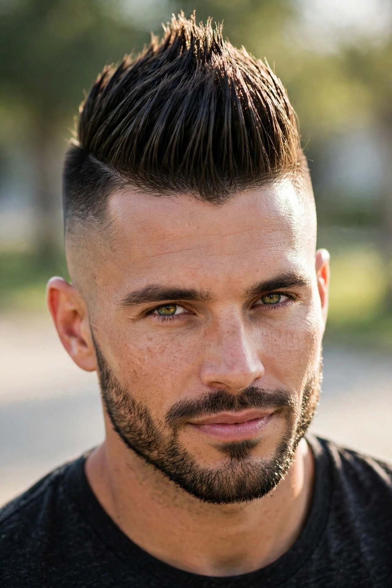 Man with styled modern mohawk haircut looking confident outdoors