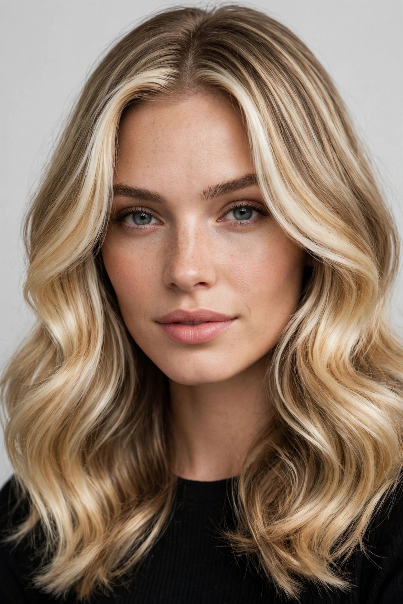 Classic blonde money piece highlights framing a woman's face