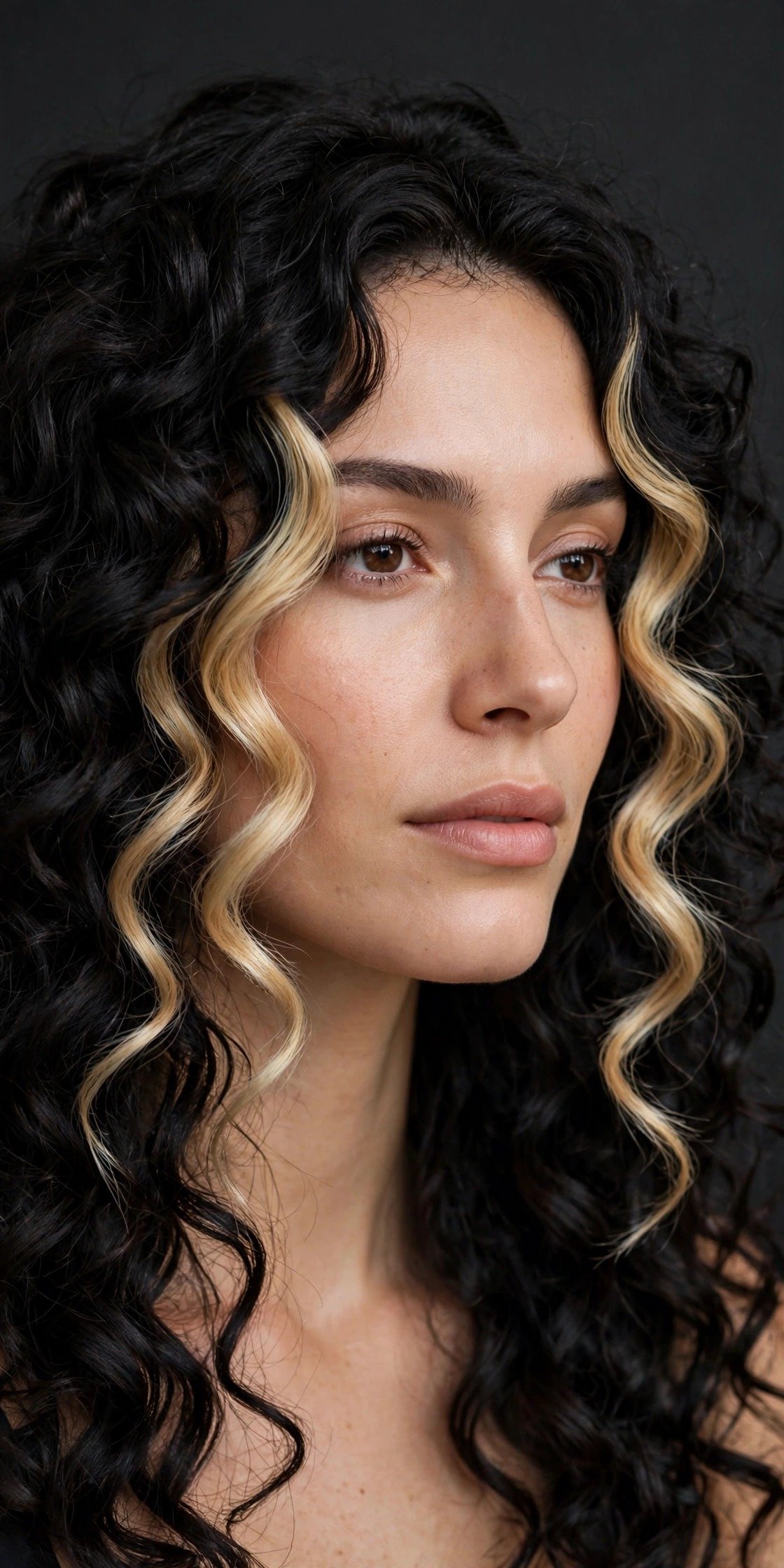 Money piece highlights on dark black hair and on curly hair