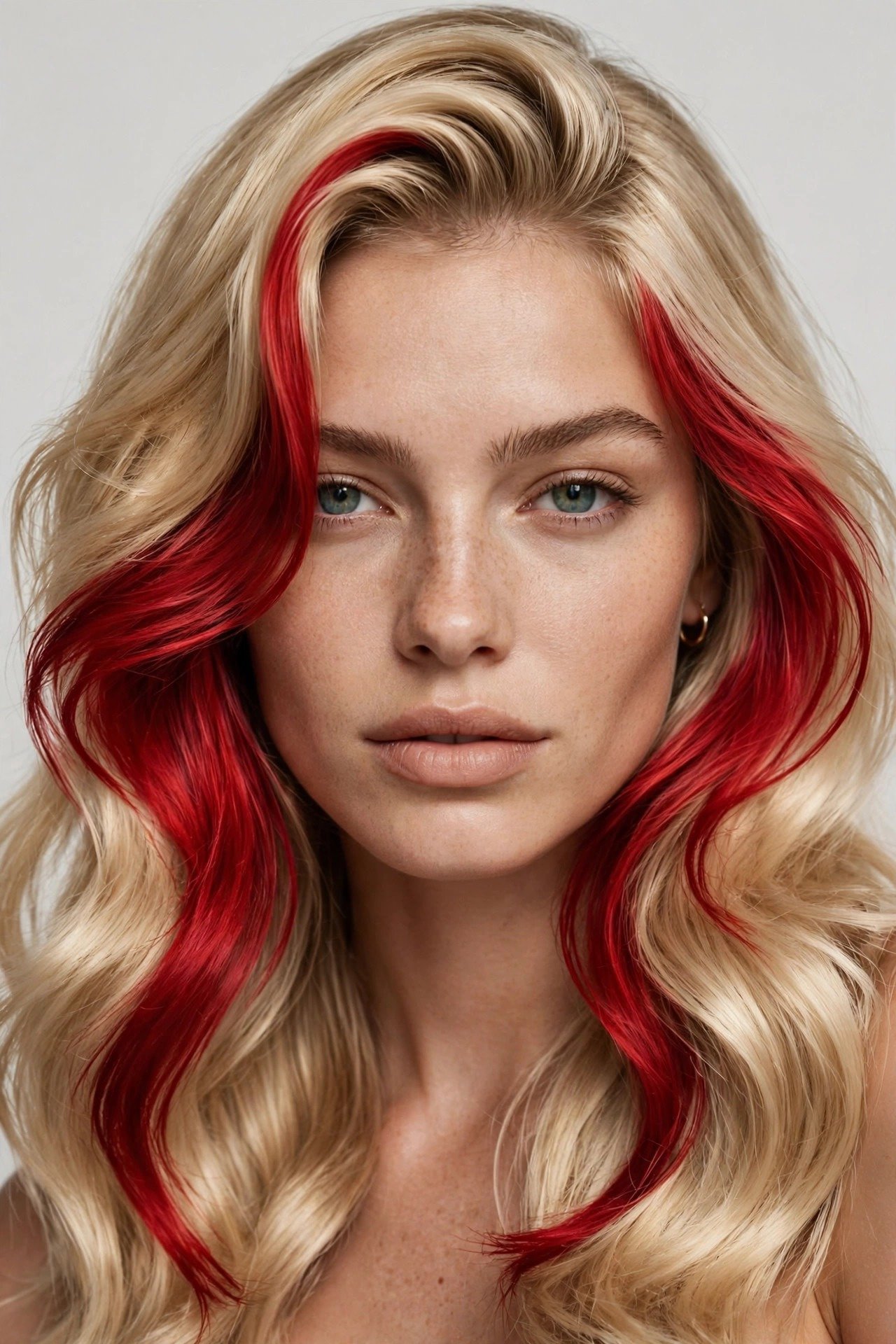 Vivid red money piece highlights and reverse dark money piece on blonde hair