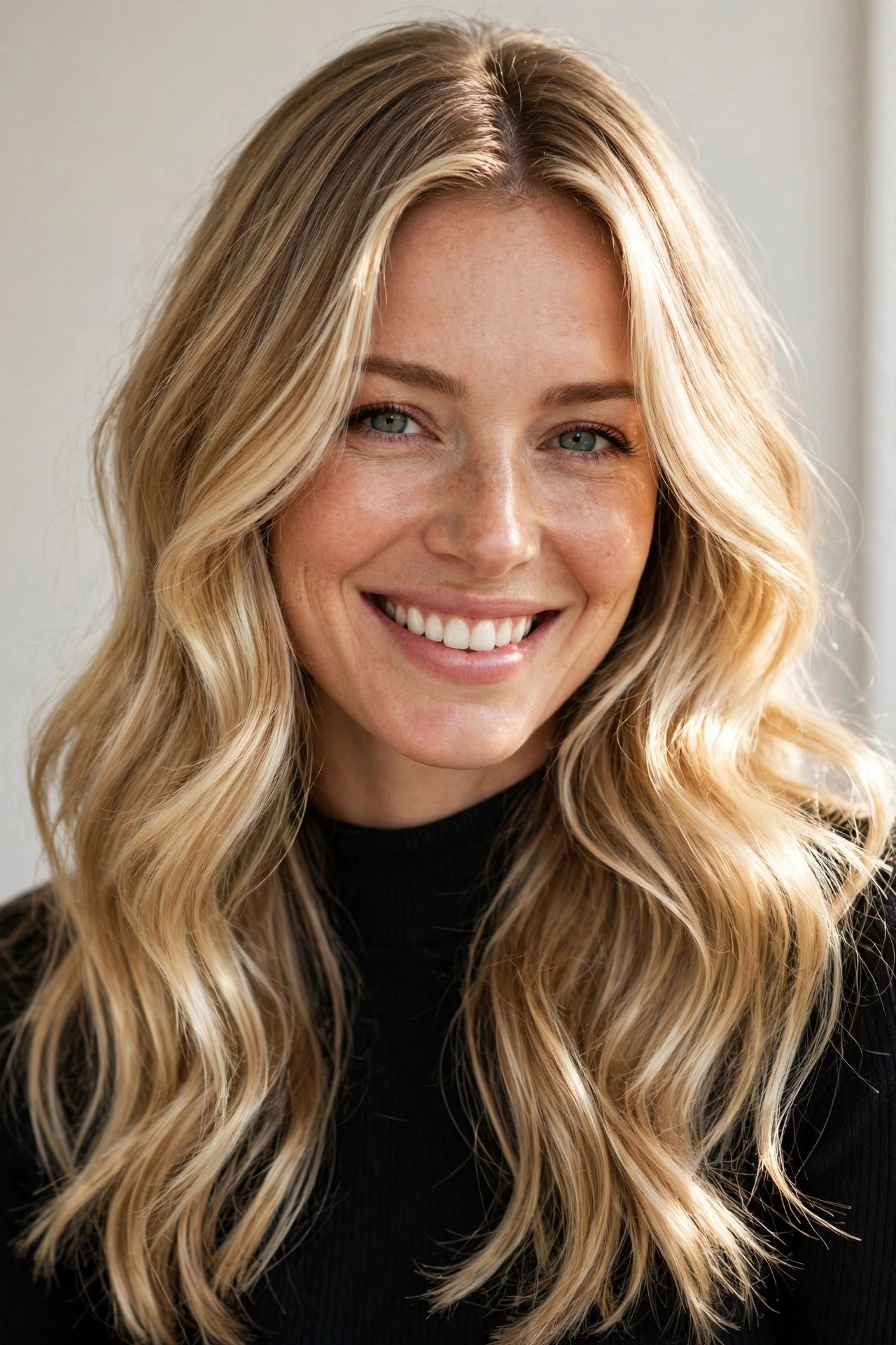 Woman with money piece highlights smiling, FAQ about face-framing highlights