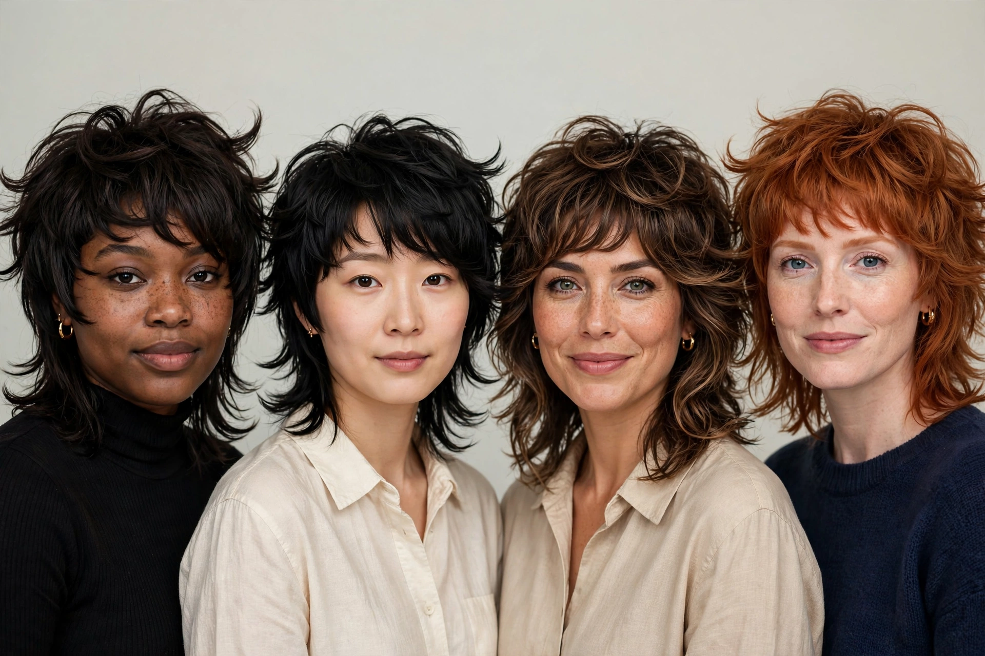Diverse women with different face shapes wearing octopus haircuts, comparison portrait collage style