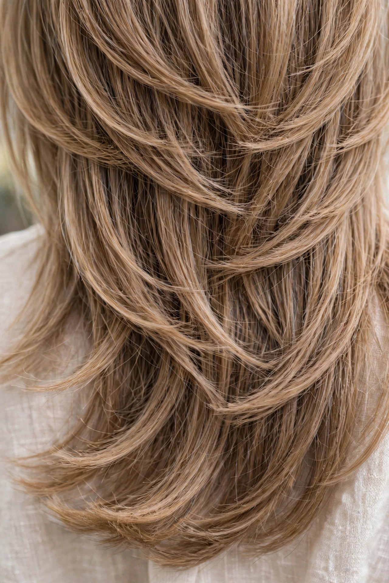 Close-up of fine hair styled in subtle octopus cut showing healthy ends