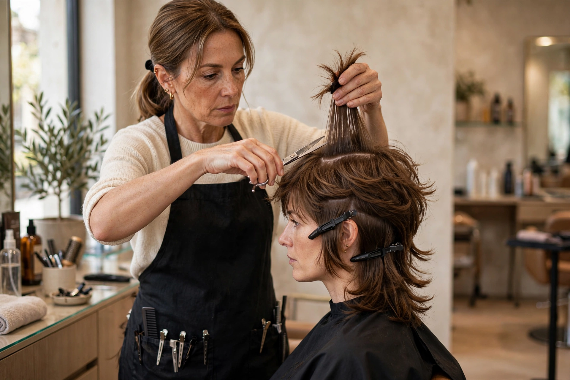 Stylist layering crown section of octopus haircut with scissors in salon