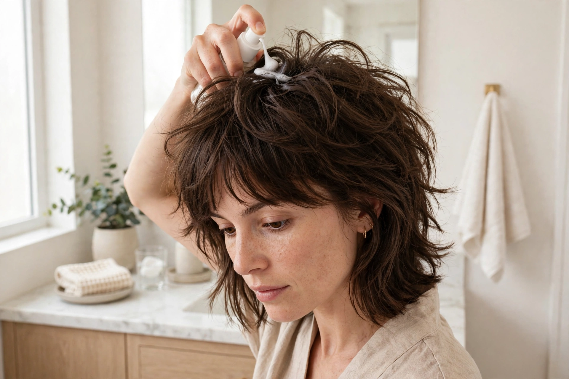 Quick morning styling routine for octopus haircut, woman applying mousse to crown