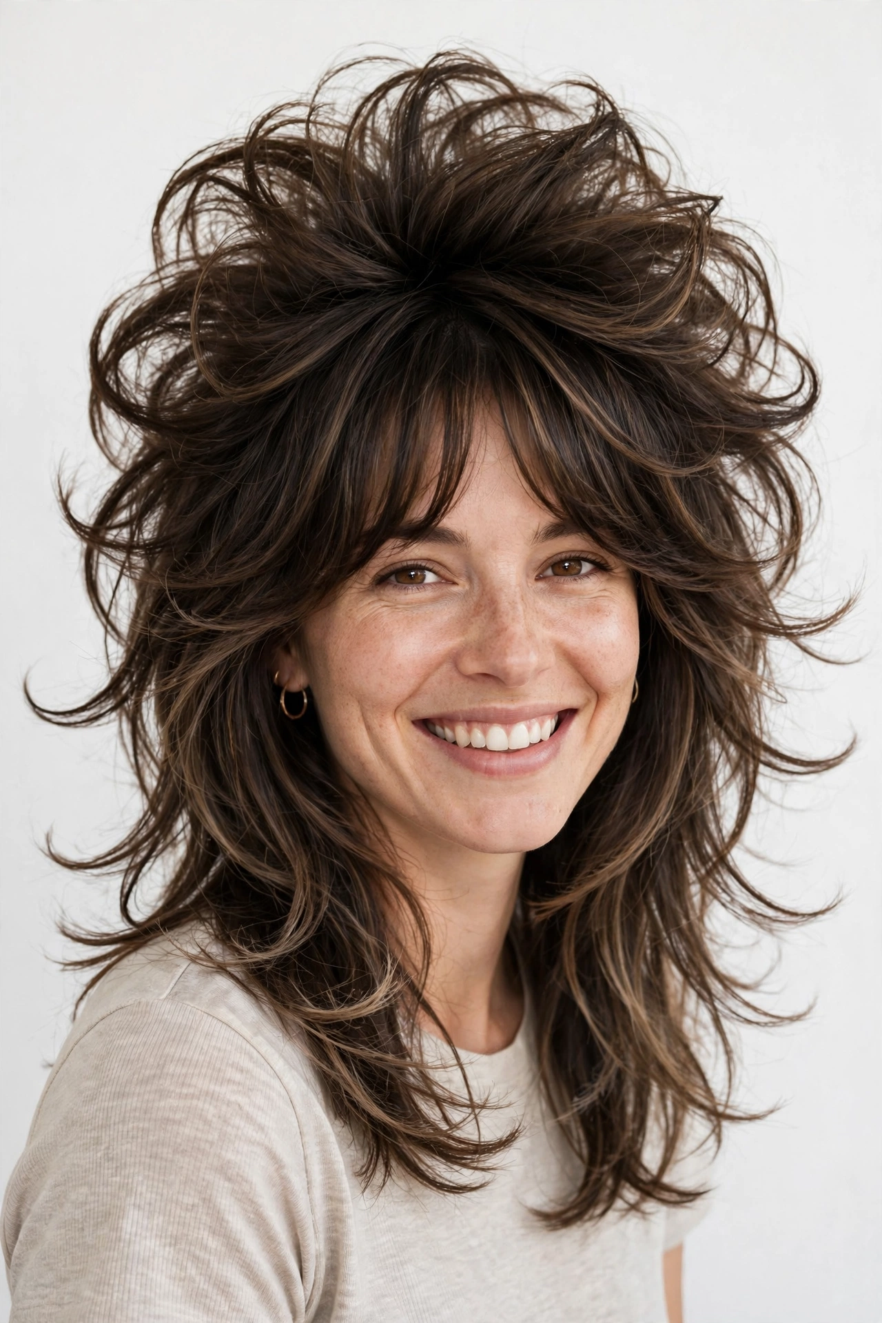 Woman with octopus haircut smiling, casual everyday look, FAQ header style photo