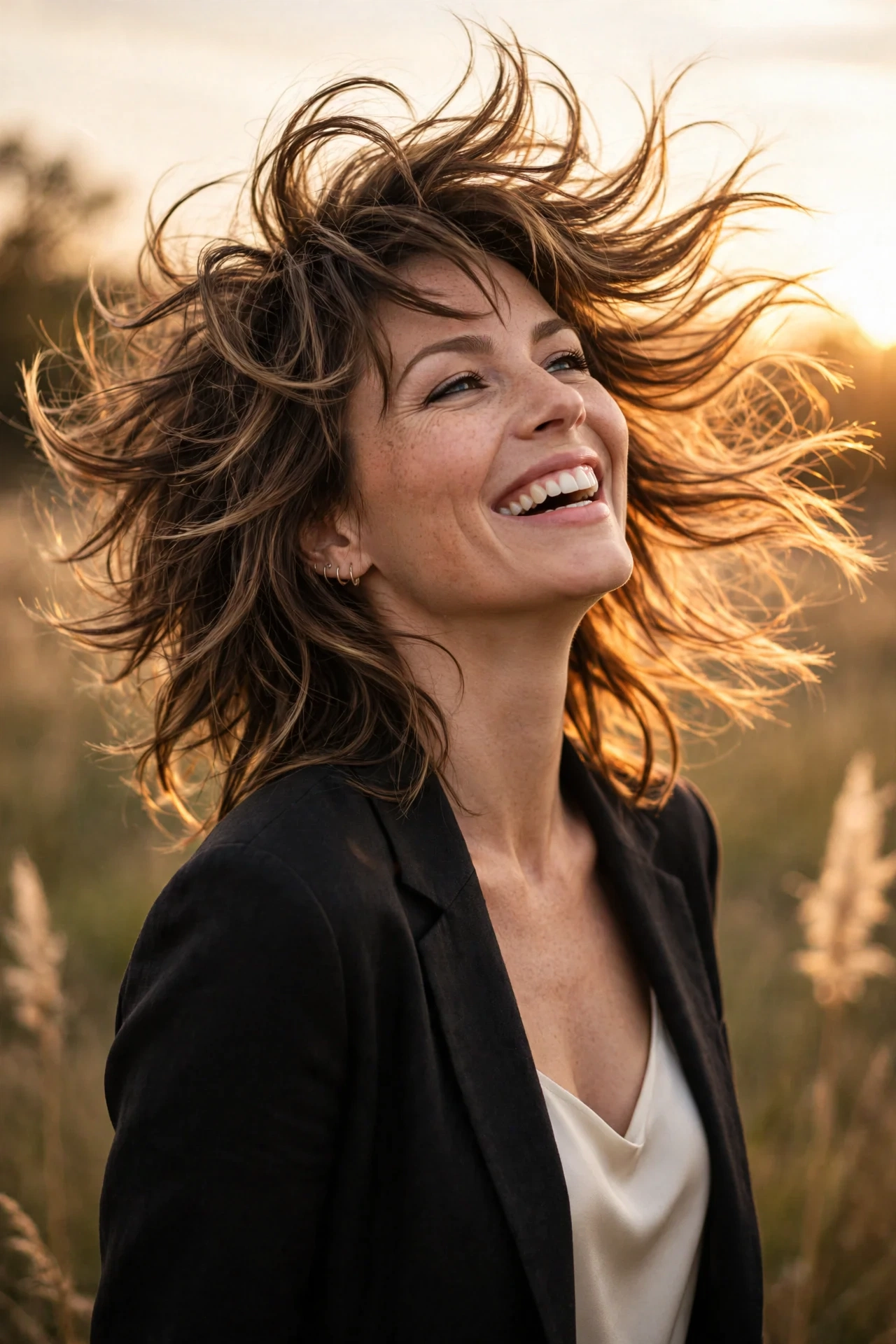 Woman with stunning octopus haircut tossing hair back, joyful confident portrait, golden hour