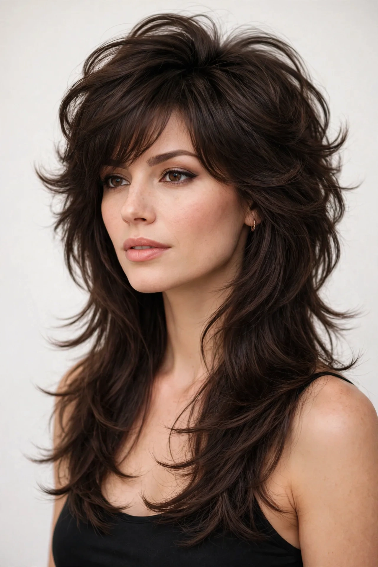 Woman with subtle octopus haircut, soft rounded crown and lightly thinned ends, natural brunette hair, clean salon background