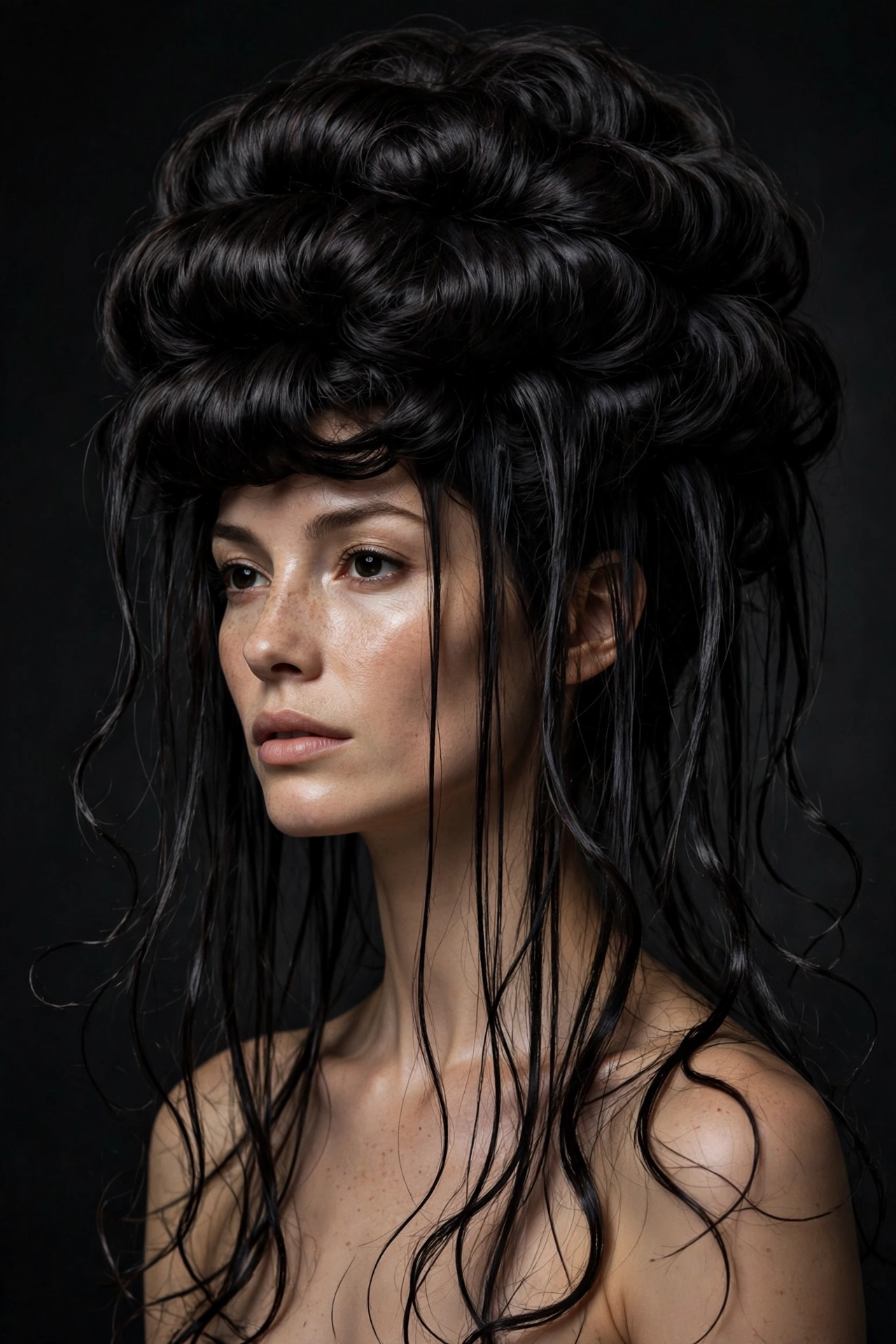 Woman with dramatic octopus haircut, very round voluminous crown and ultra-thin wispy long ends, dark hair, editorial studio lighting
