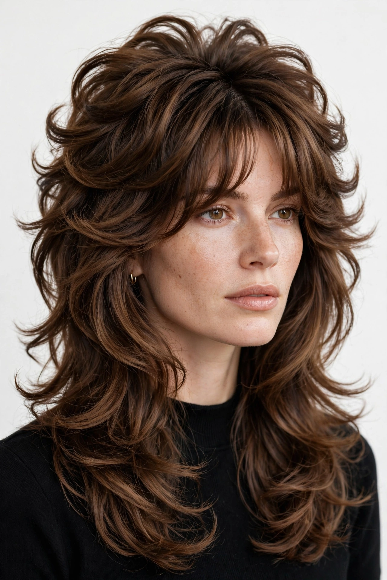 Woman with octopus haircut and curtain bangs framing her face, soft waves, warm brown hair