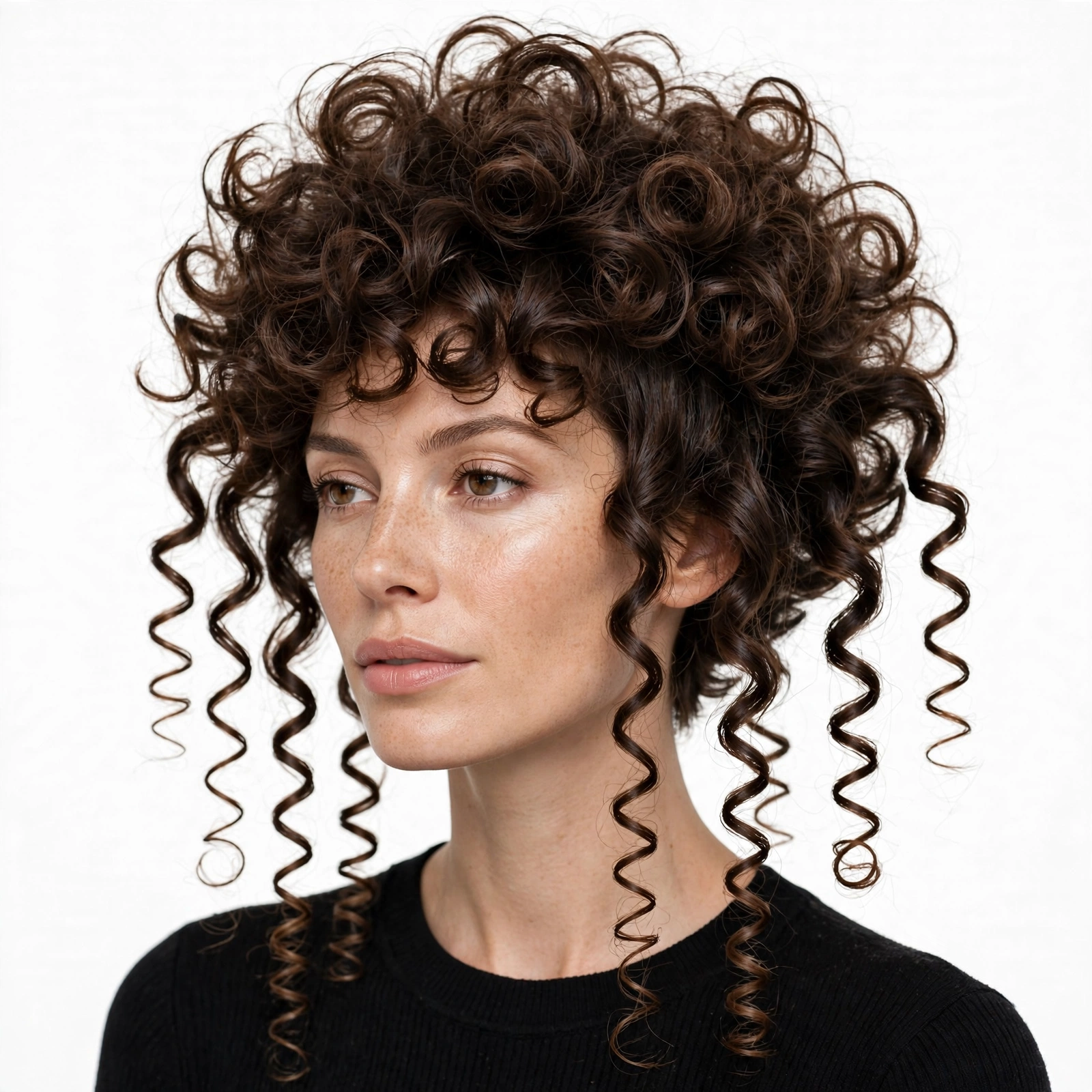 Woman with curly octopus haircut, voluminous curls on crown and defined spirals at ends, natural texture