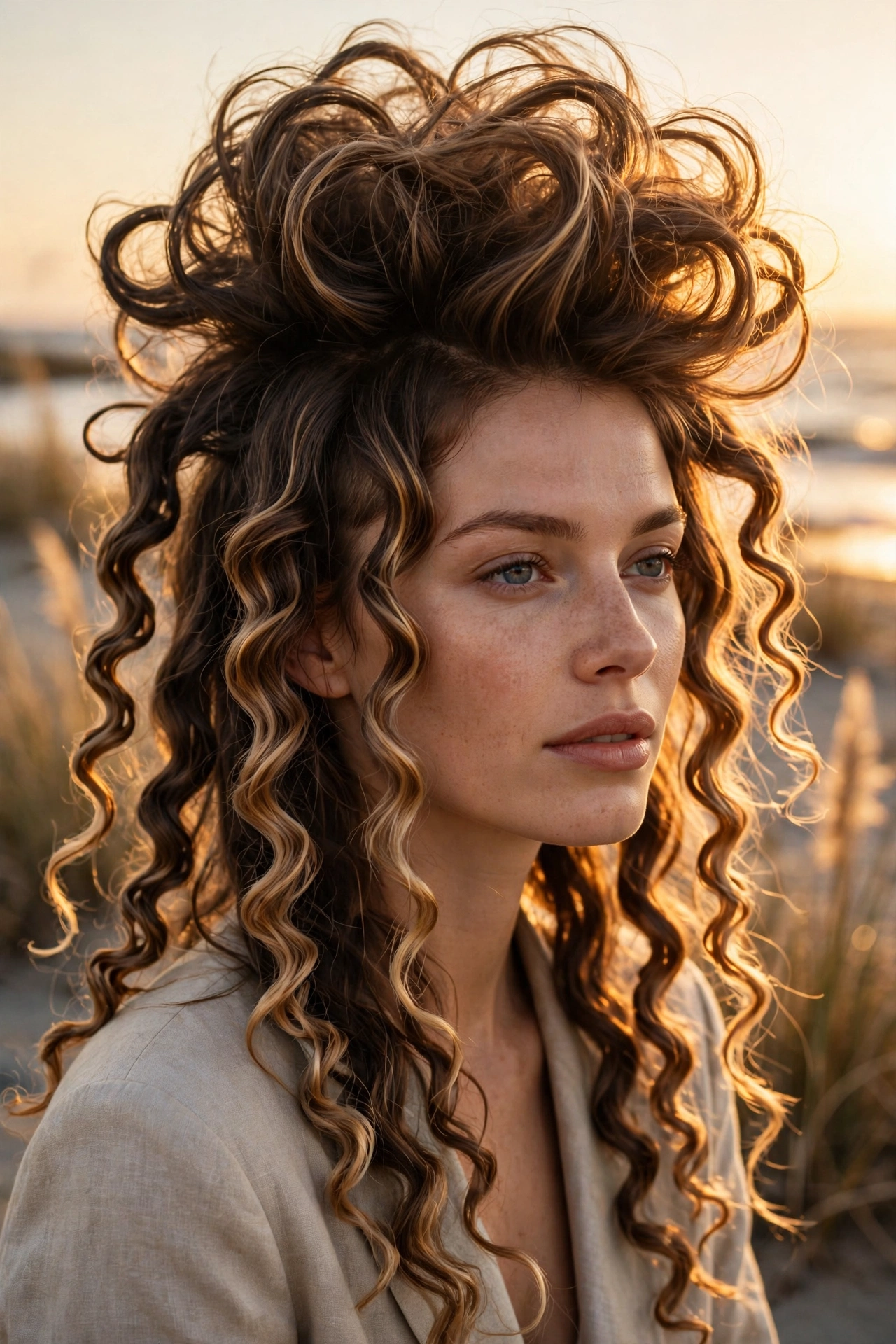 Woman with wavy octopus haircut, beachy texture, crown volume and separated wavy ends, golden light