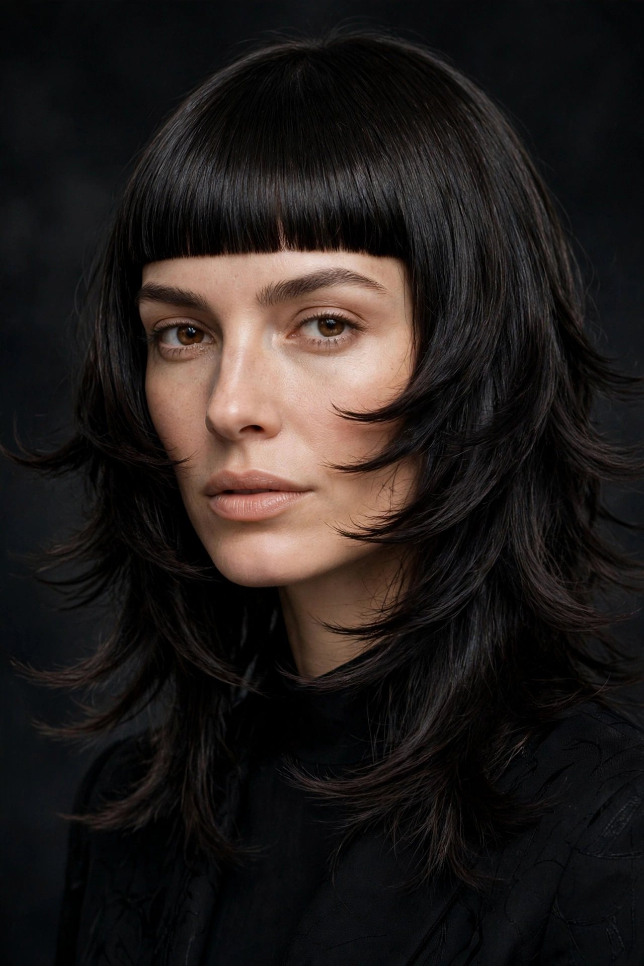 Woman with octopus haircut and blunt straight-across fringe, dark glossy hair, high fashion portrait