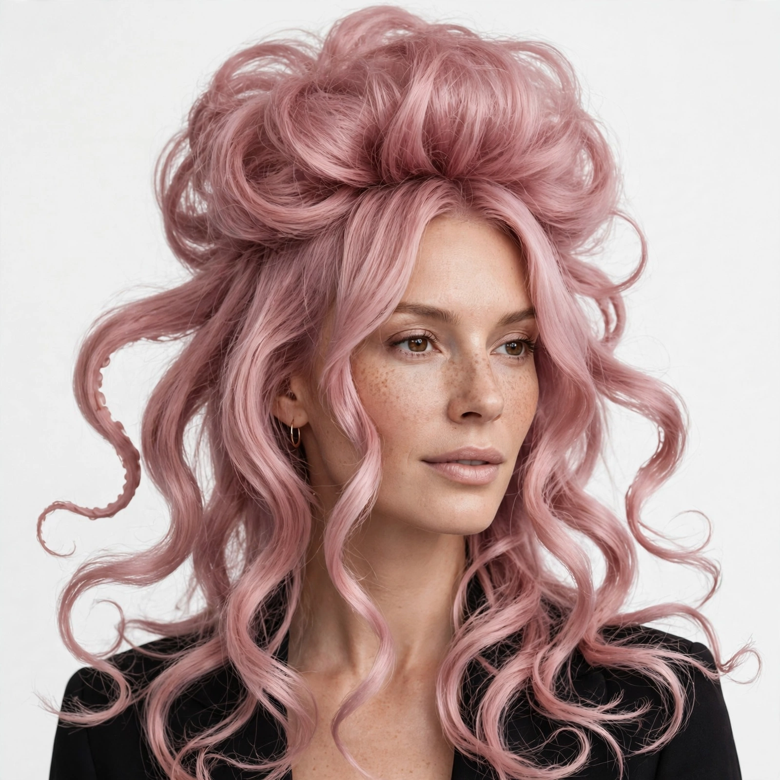 Woman with pastel pink octopus haircut, dusty rose color, voluminous crown and wispy tinted ends