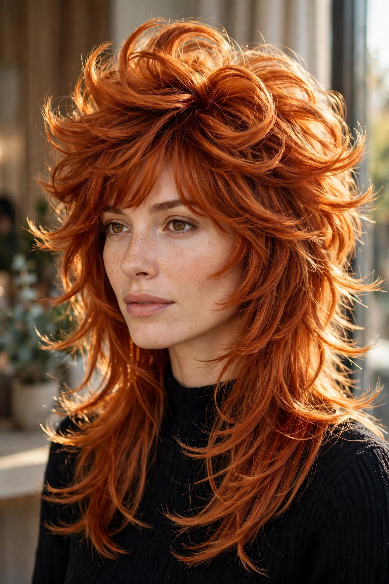 Woman with copper octopus haircut, rich warm tones, sunlight catching layered ends, salon photography