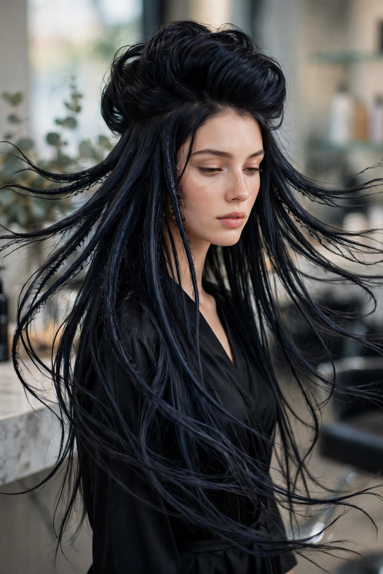 Woman with very long octopus haircut, waist-length wispy tentacle layers, rounded crown volume, flowing hair