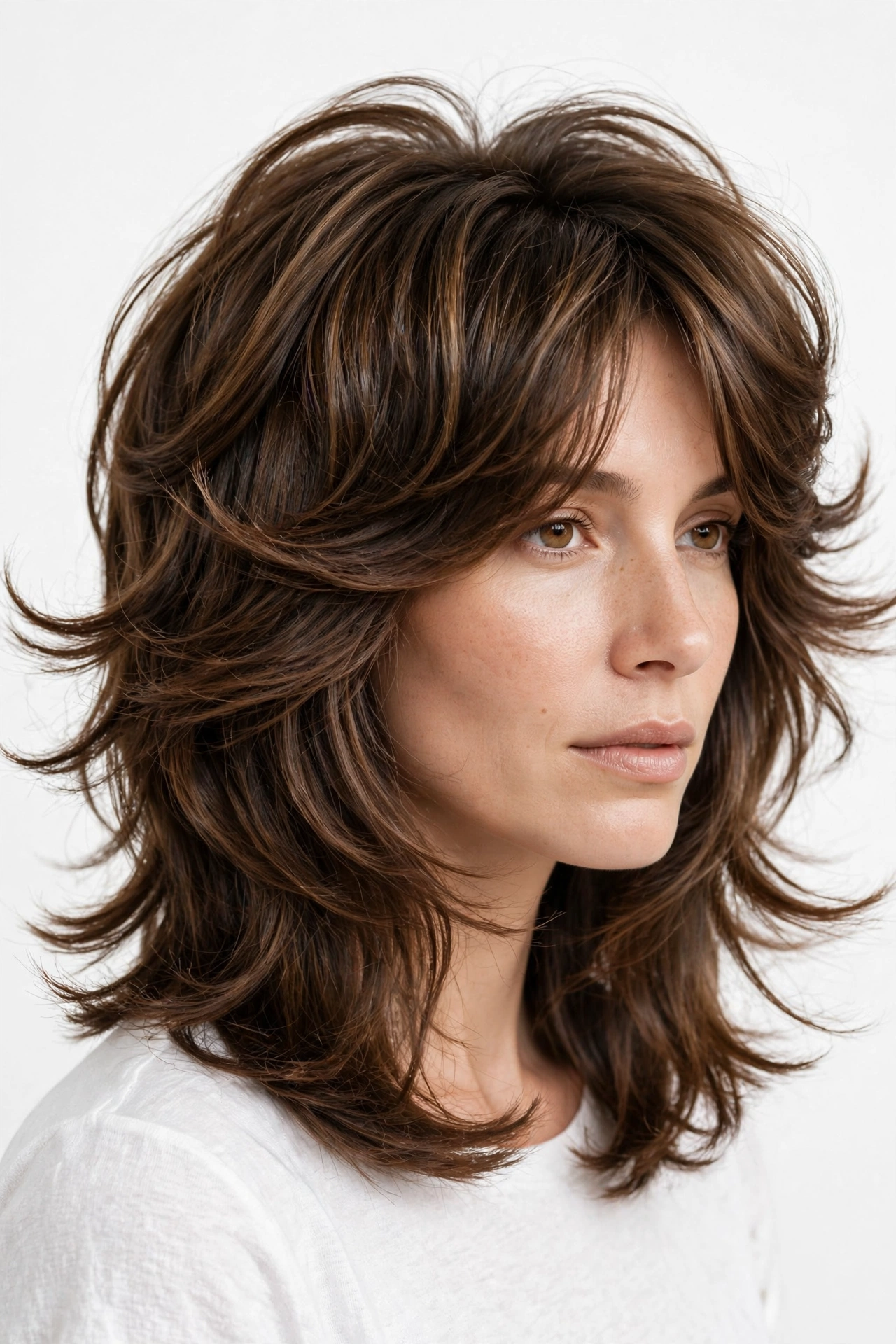 Woman with collarbone-length midi octopus haircut, bouncy crown and outward-flicked ends