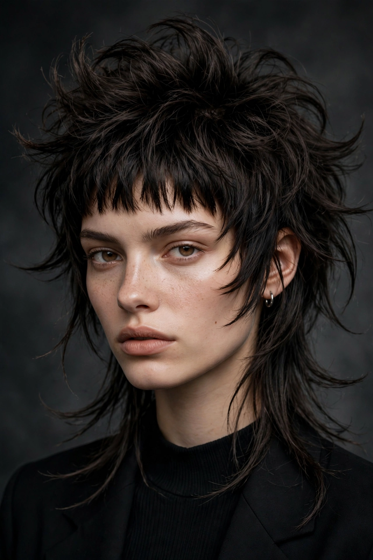 Woman with octopus haircut and choppy micro bangs above eyebrows, edgy fashion portrait