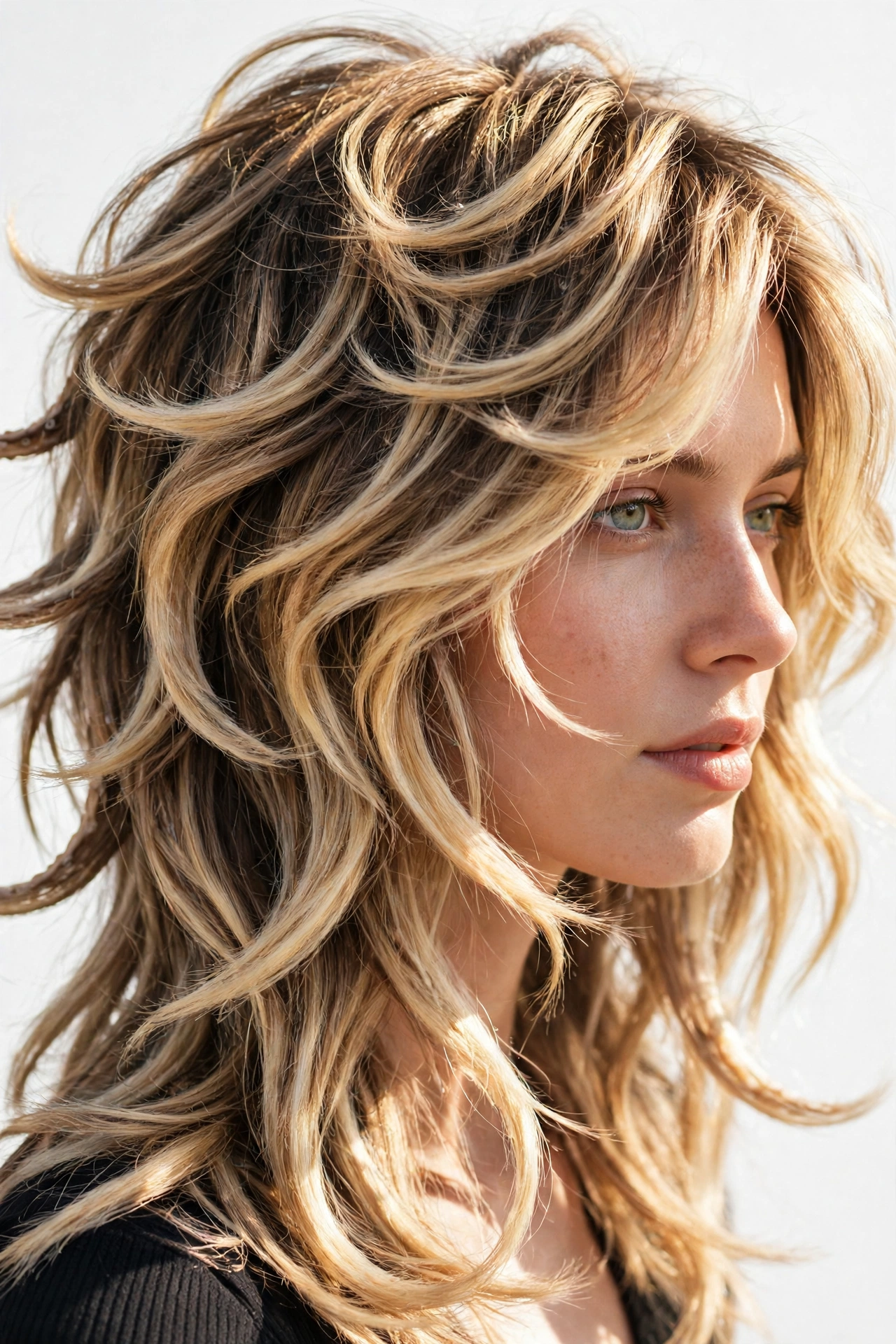 Woman with balayage octopus haircut, hand-painted blonde dimension through layers, sunlit hair