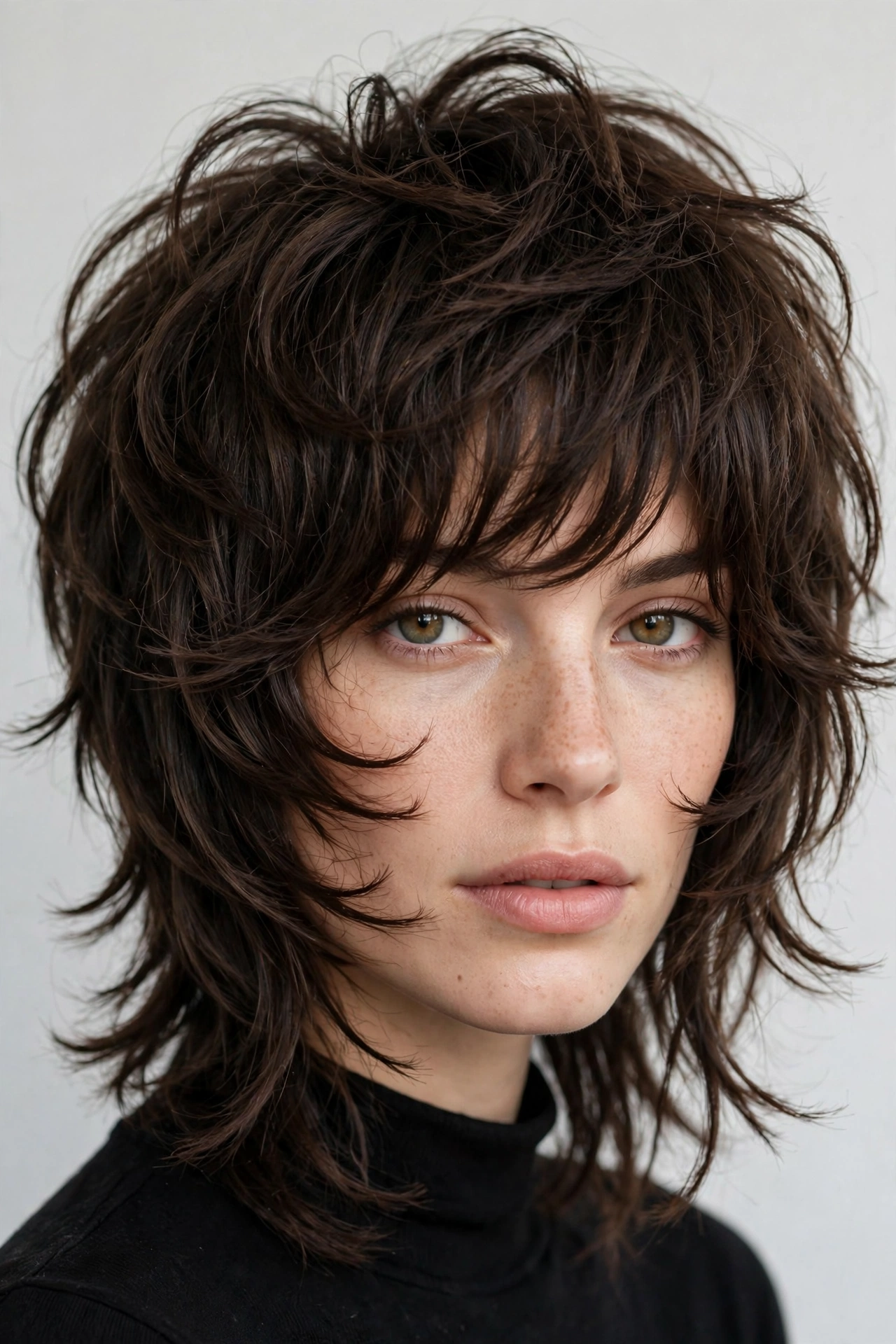 Woman with octopus haircut featuring extra face-framing shag layers around cheeks and jawline
