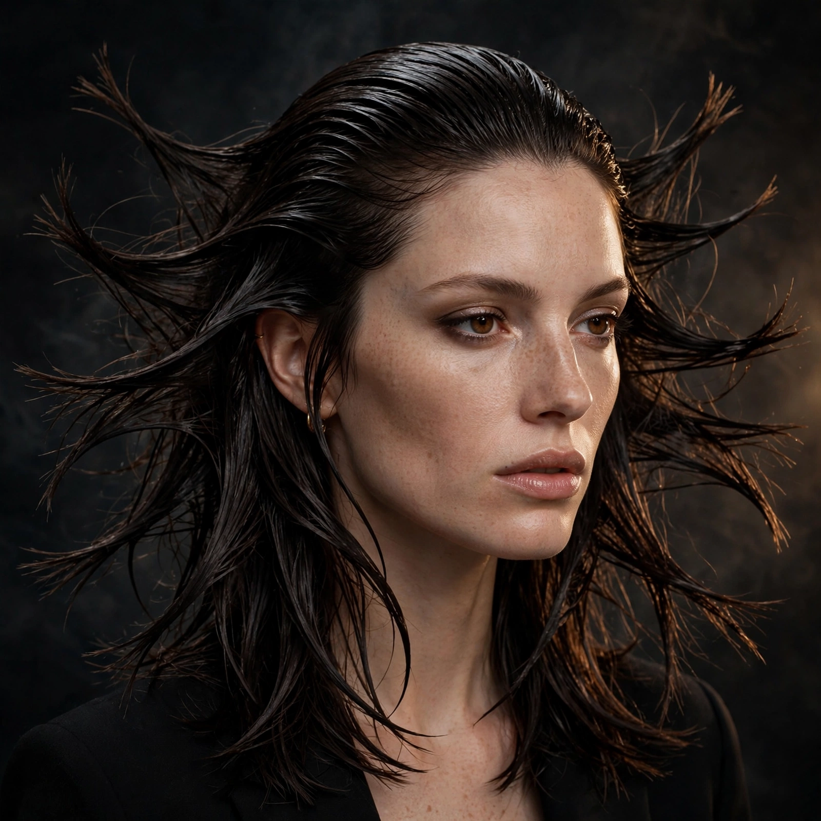 Woman with wet-look styled octopus haircut, sleek gelled crown and defined separated ends, evening editorial