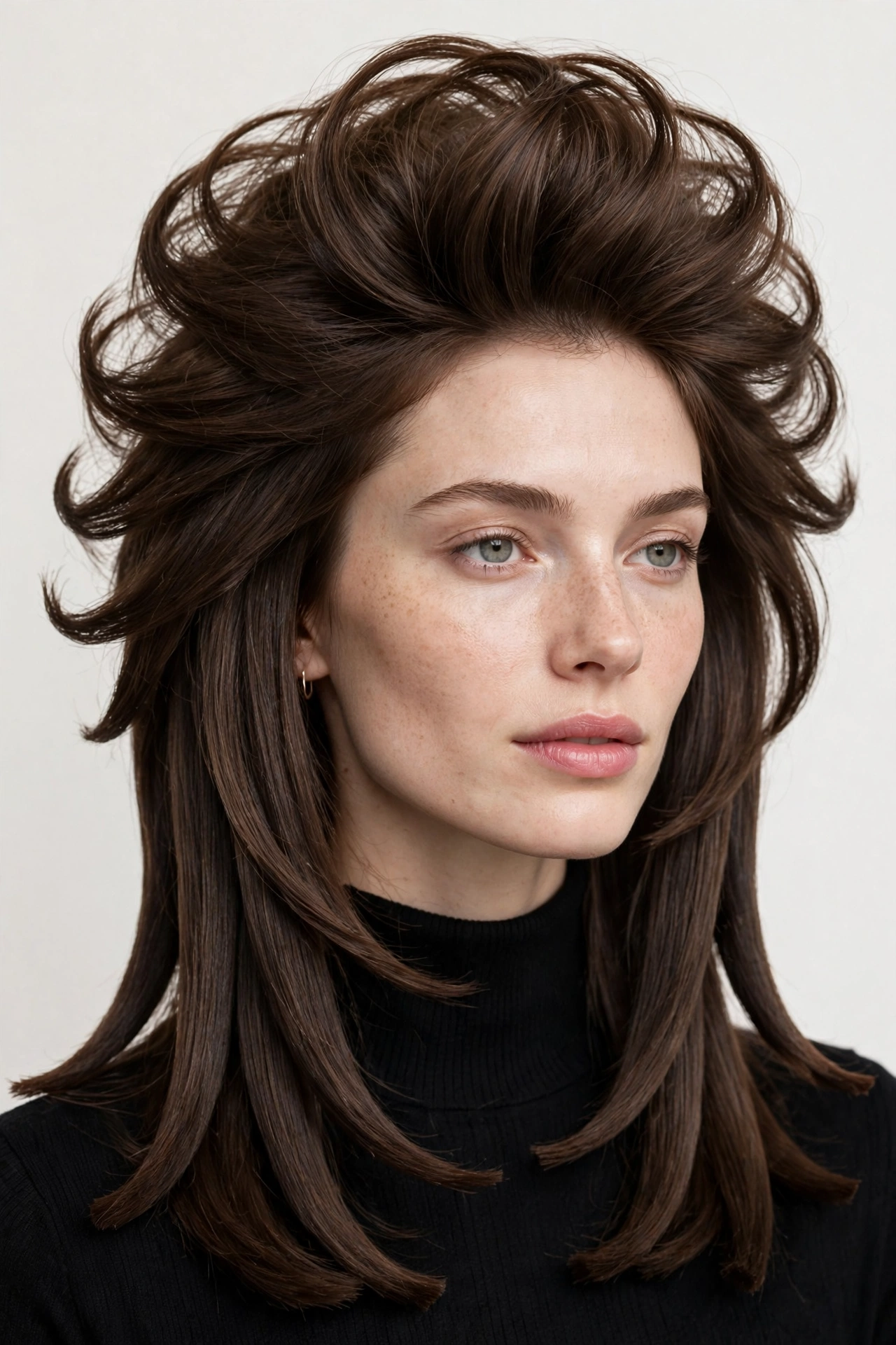 Woman with fine straight hair in octopus cut, crown volume with slightly blunter tentacle ends, sleek finish