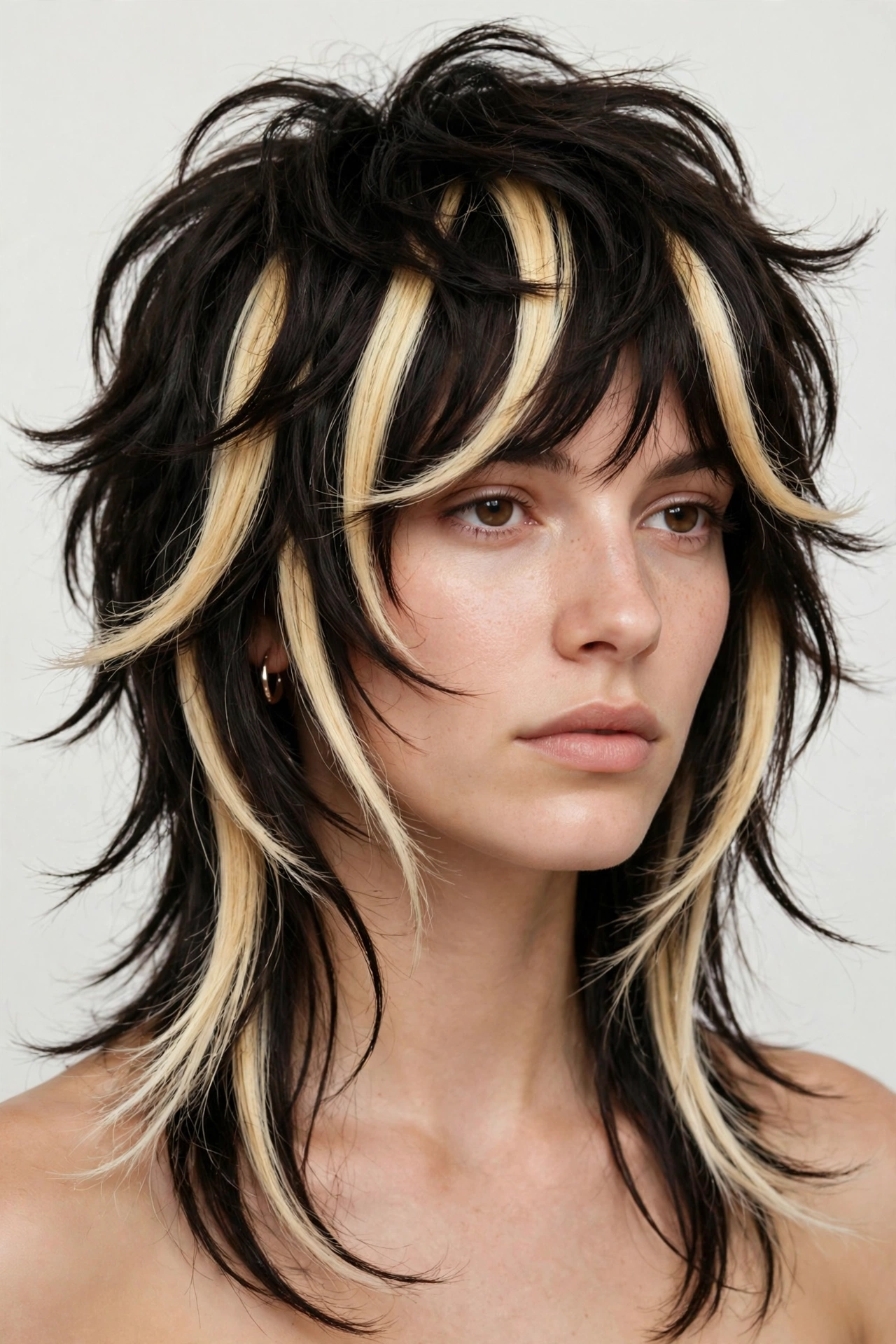 Woman with octopus haircut and chunky Y2K blonde highlights, bold contrasting streaks through layers
