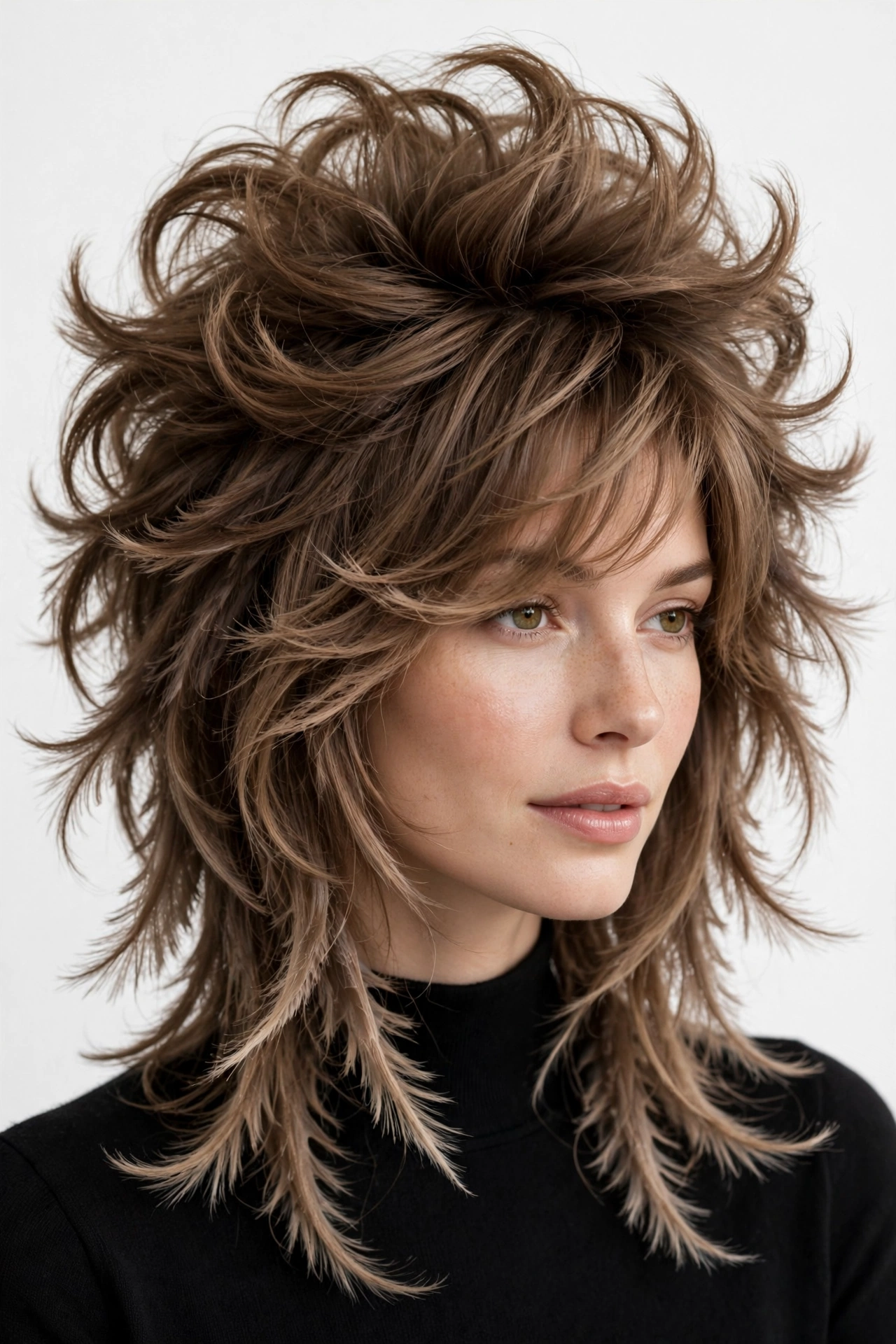 Woman with octopus haircut and wispy side-swept bangs across forehead, soft romantic styling