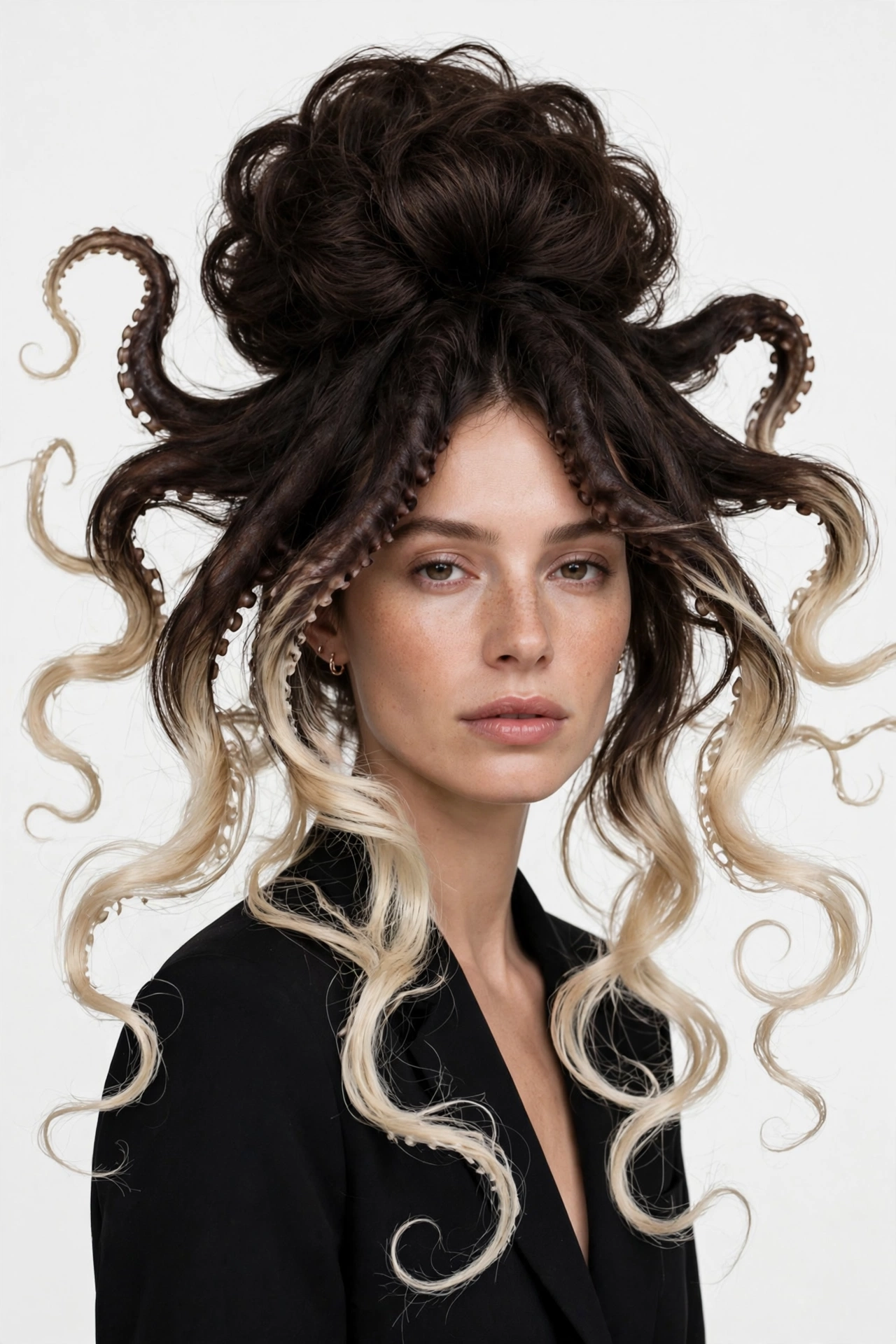 Woman with two-tone octopus haircut, dark brunette crown fading to light blonde wispy ends
