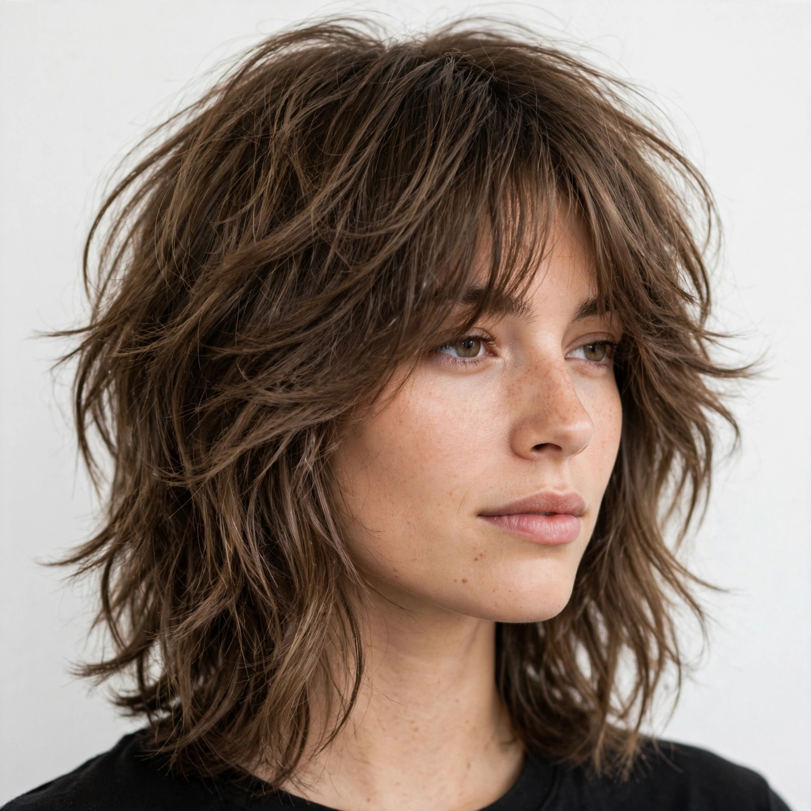 Woman with grown-out soft lived-in octopus haircut, relaxed shaggy layers, natural effortless look
