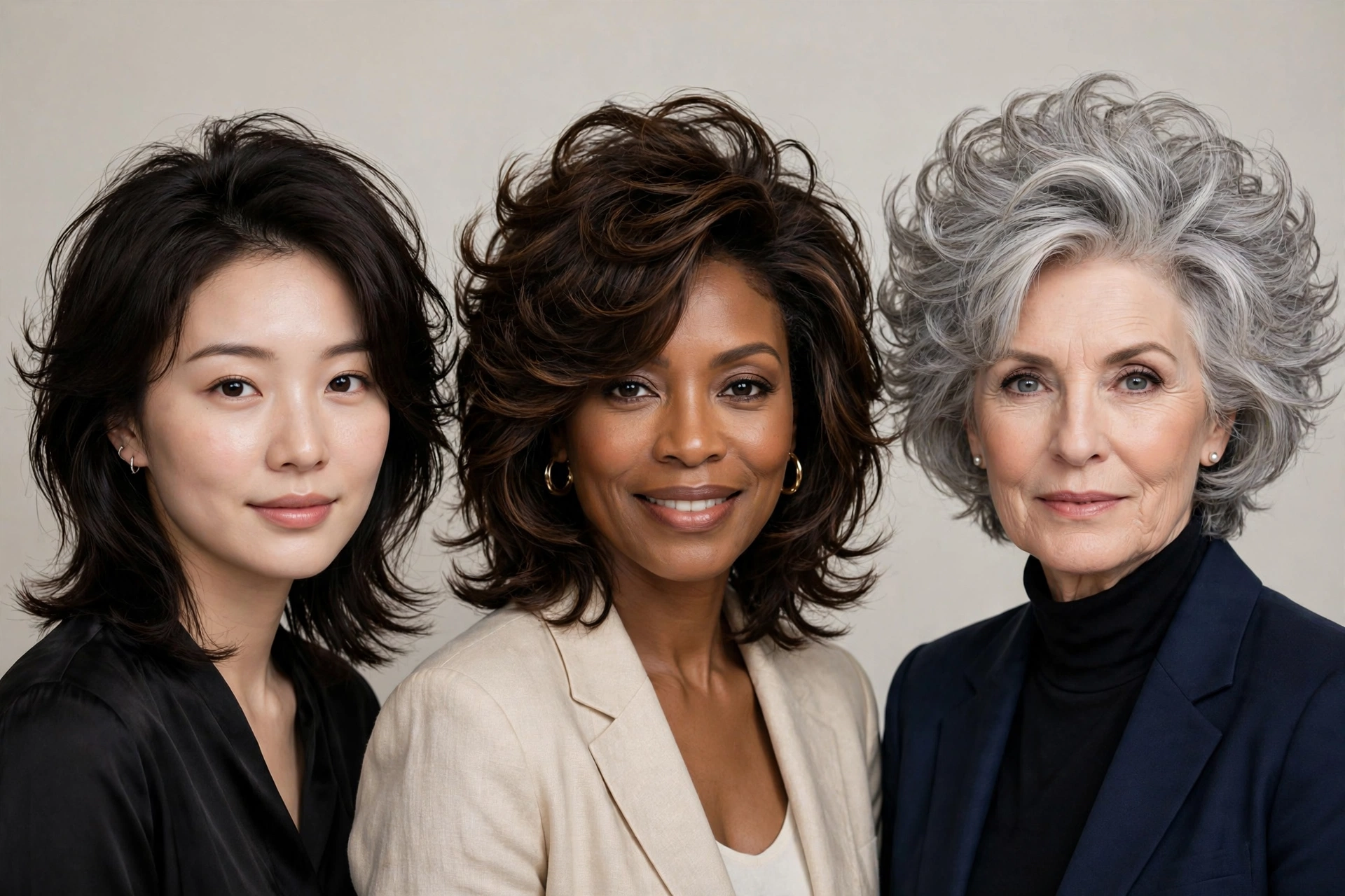 Three women of different ages showing subtle, medium, and dramatic octopus haircut variations, studio portrait