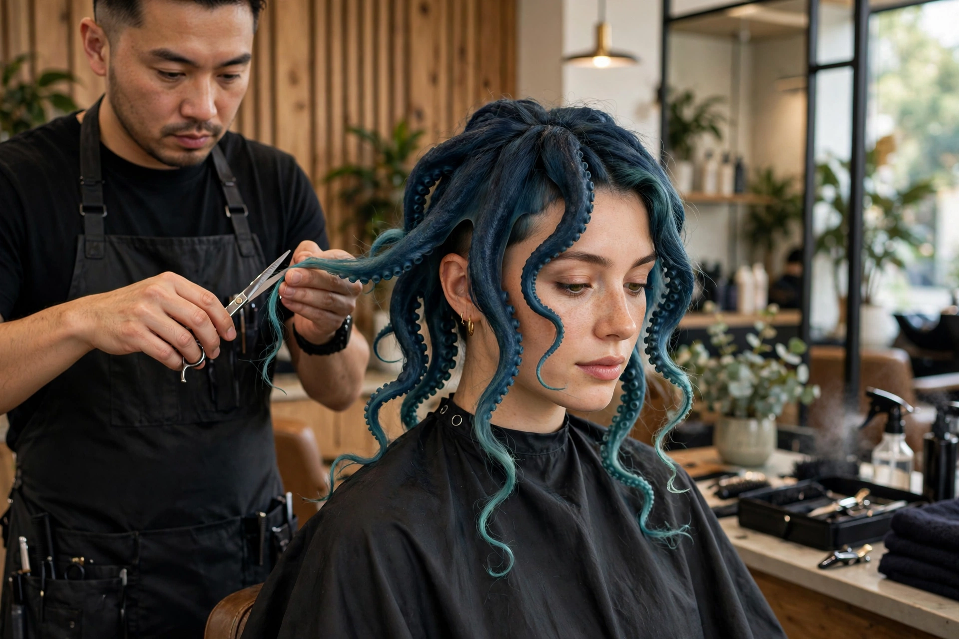 Woman getting octopus haircut trim maintenance at salon, stylist trimming wispy ends