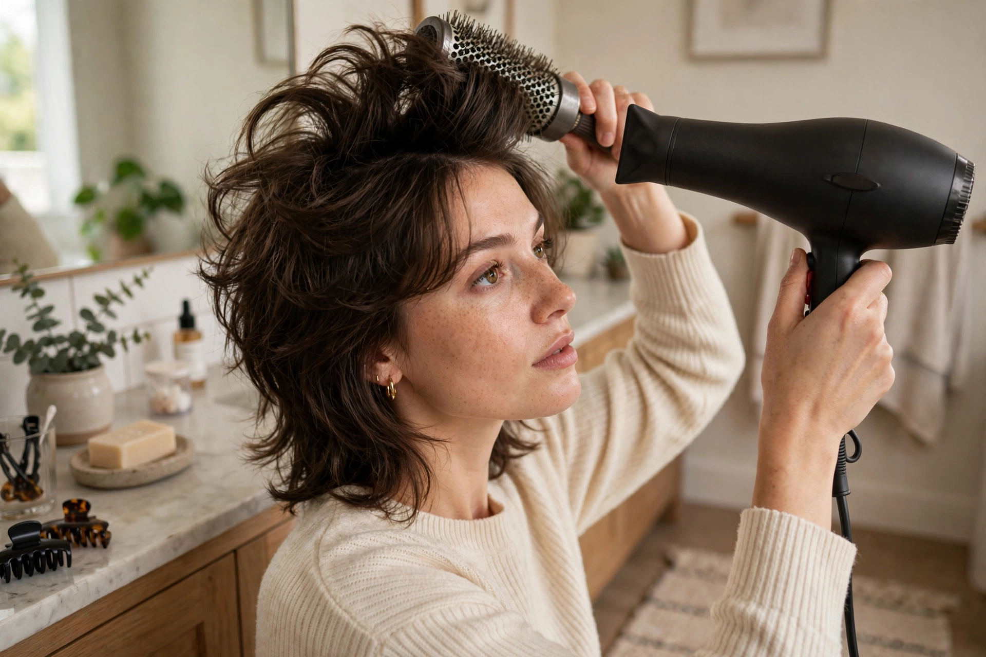 Woman styling octopus haircut at home with round brush and blow dryer, bathroom vanity