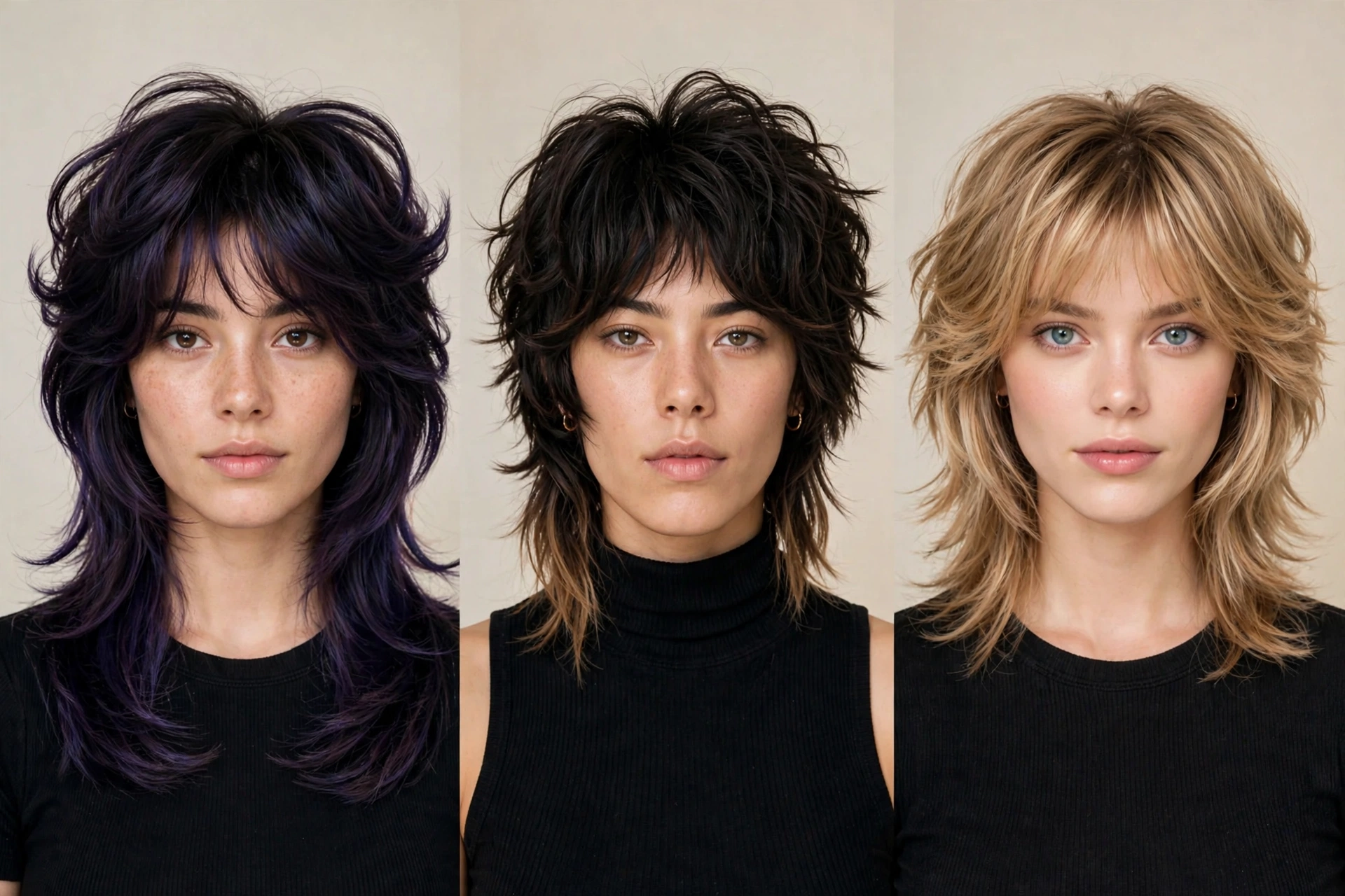 Side-by-side comparison illustration style photo showing octopus haircut vs wolf cut vs shag layering structure on three women